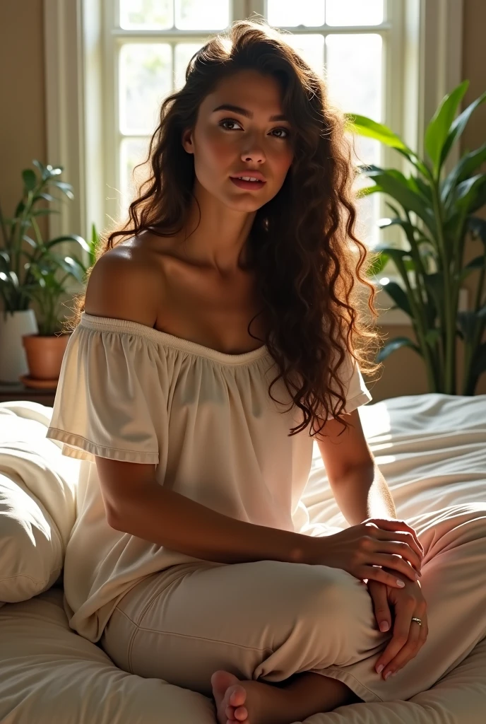 (photorealism:1.2), beautiful woman, sitting on bed, wearing loose off-shoulder top, pajama pants, long curly hair, indoors, soft lighting, plants in background, window with sunlight, cozy room, relaxed pose, realistic, intricate details, warm colors, by Greg Rutkowski, by Alphonse Mucha