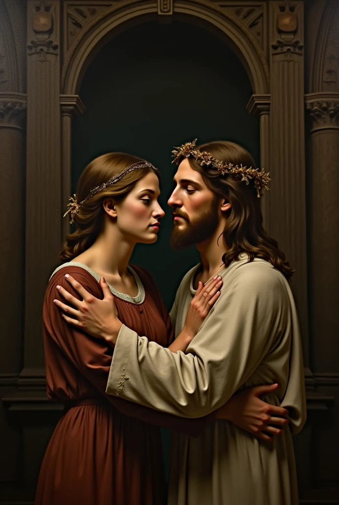 Jesus Christ Receiving a kiss on the cheek from Judas Iscariot, an image that represents Judas' betrayal.  Biblical Image.  Biblical History [Absurd, very high resolution, ultra-detailed, Dot painting technique, dotted shadows, intricate details, Texture effects, subtle gradients, fascinating craftsmanship, otherworldly tones, surreal landscapes, invisible light, ethereal glow, colors vivid, aquarela]