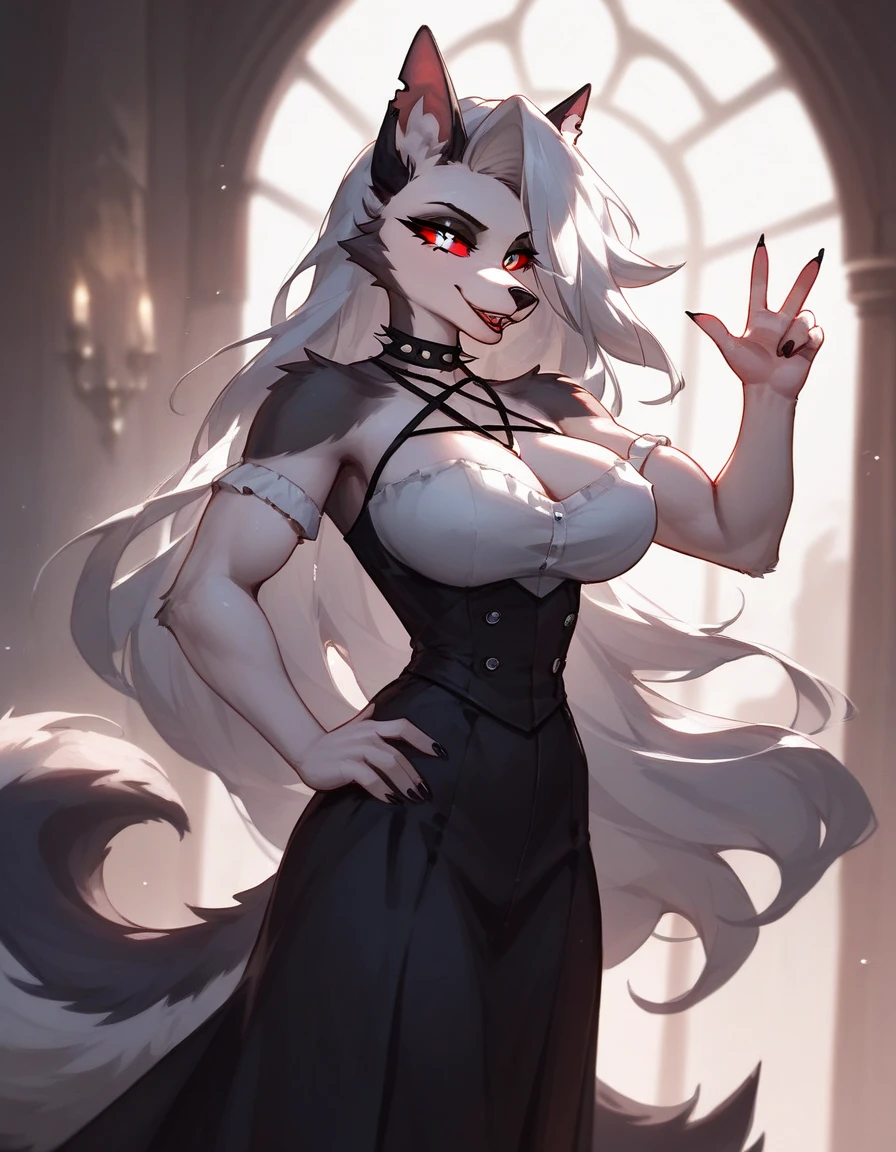 Beautiful Wolf Female, Grey Skin, White Hair, Yellow Eyes, Black Dress