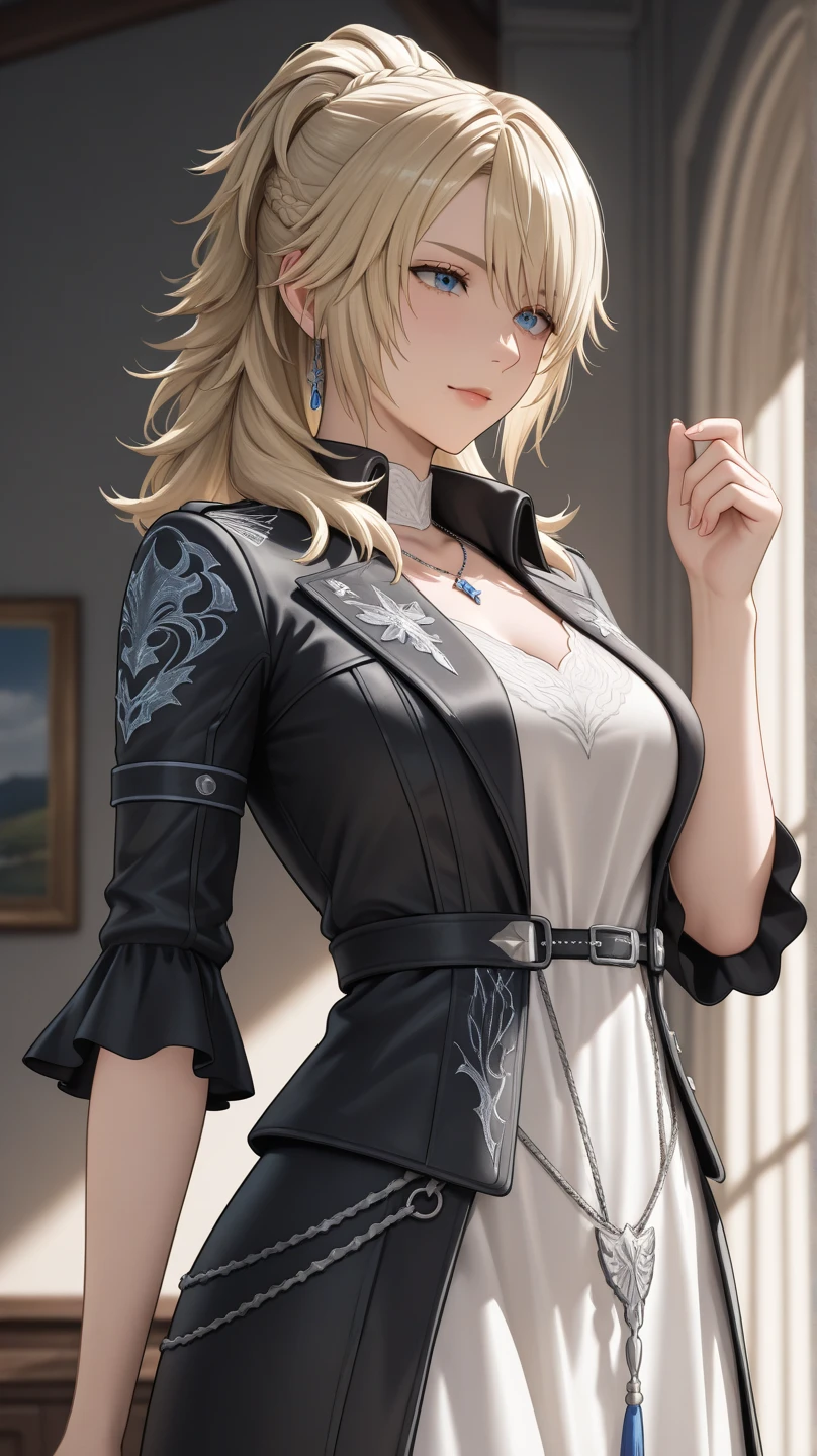 ((masterpiece:1.2, best quality)), realistic, 1girl, solo, blood, male focus, looking at viewer, artoria pendragon \(fate\), black (((suit))), black (((pant suit))), (((ponytail))), (((black gloves))), aurora, night, stars (sky), sky, night sky, starry sky, holding Magic Sword, Dark Clouds, Night,The belly button and the surrounding area are exposed,Very thin,Small breasts,Flat Chest, model shot, (Impressionism: 1.4), (Tarot: 1.3), Alphonse Mucha, BREAK