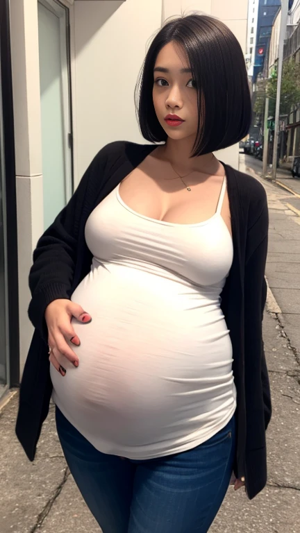 (Best quality, 8k, 32k, Masterpiece, UHD:1.2),Photo of Pretty woman,black short hair,beauty face,(leaning forward:1.1),squatting,(from above:1.2),(close up:1.4),pov, very loose over size t-shirt, large breasts, showing cleavage,(beautiful nipple slip:0.9), ((huge pregnant)),outdoors,windy,shiny skin,blurry background,