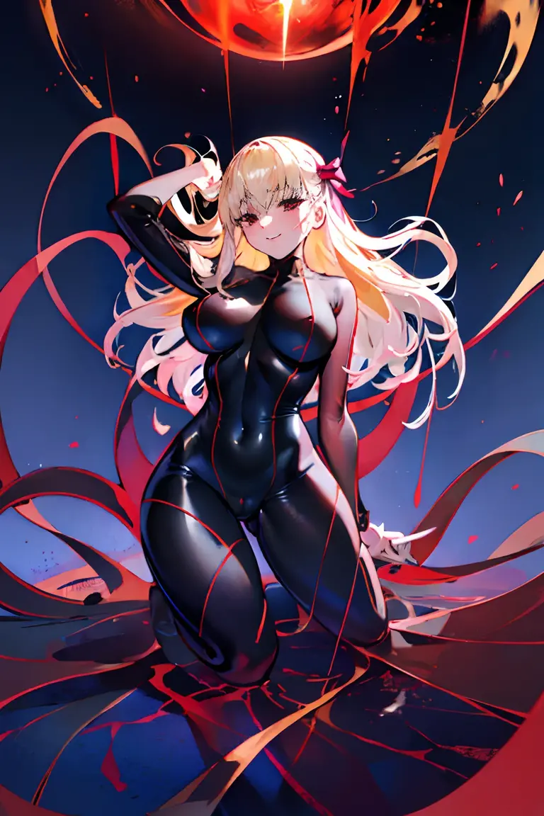 Anime style face a blond Black full body suit Red lines all over the body huge tit Big ass Whip thighs bare-legged seductiv a smile succubus Lying face down