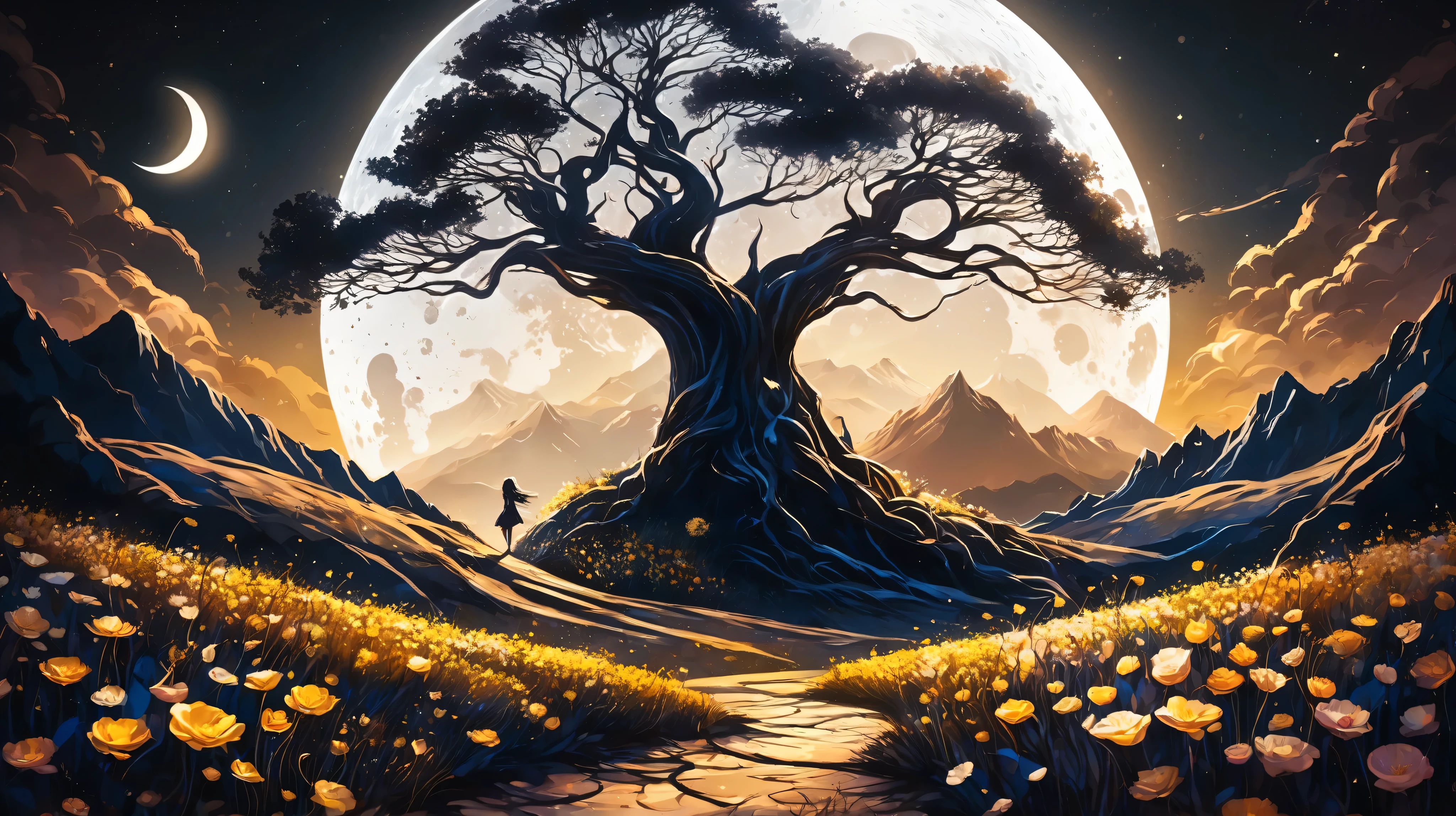 vetor arte, surreal, a field of flowers, in the distance an old tree, mountains, textures, it appears as a shadow, In front of the majestic crescent Moon, The wind causes flower petals to fly, giving a mystical air to the scene, In the foreground, The Shadow of a Girl, watches the scene in wonder, Her hair flies with the wind , and are confused with flower petals. Golden palette, black, white. Atmosphere aetherea, starry sky. and high contrast.