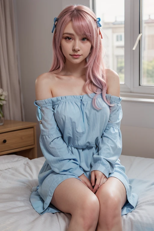 masterpiece, Highest quality, Very detailed,
(Realistic:0.2), CG, 4K, 8k, figure, Natural light,
(Beautifully detailed backgrounds :1.1),(Perfect Anatomy, Correct limbs, Correct finger),
(Beautiful and cute with attention to detail), (Beautifully detailed eyes),
(Beautifully detailed oily skin,Medium chest :1.1),
(Glowing Eyes:1.2), (thin:1.3),
(One girl, alone), (Depth of written boundary, Wide Shot, Cowboy Shot:1.3),
(Beautiful Face), (Raised ponytail), (Blush pink hair), 
Dark Eyes, Medium chest, barefoot, sunlight, window,
Off the shoulder, Lady, View your viewers, Long Hair, (Wavy Hair:0.9), indoor, Sitting, ((Black Theme)|Ivory theme), ~ side_Van, Midi Dress