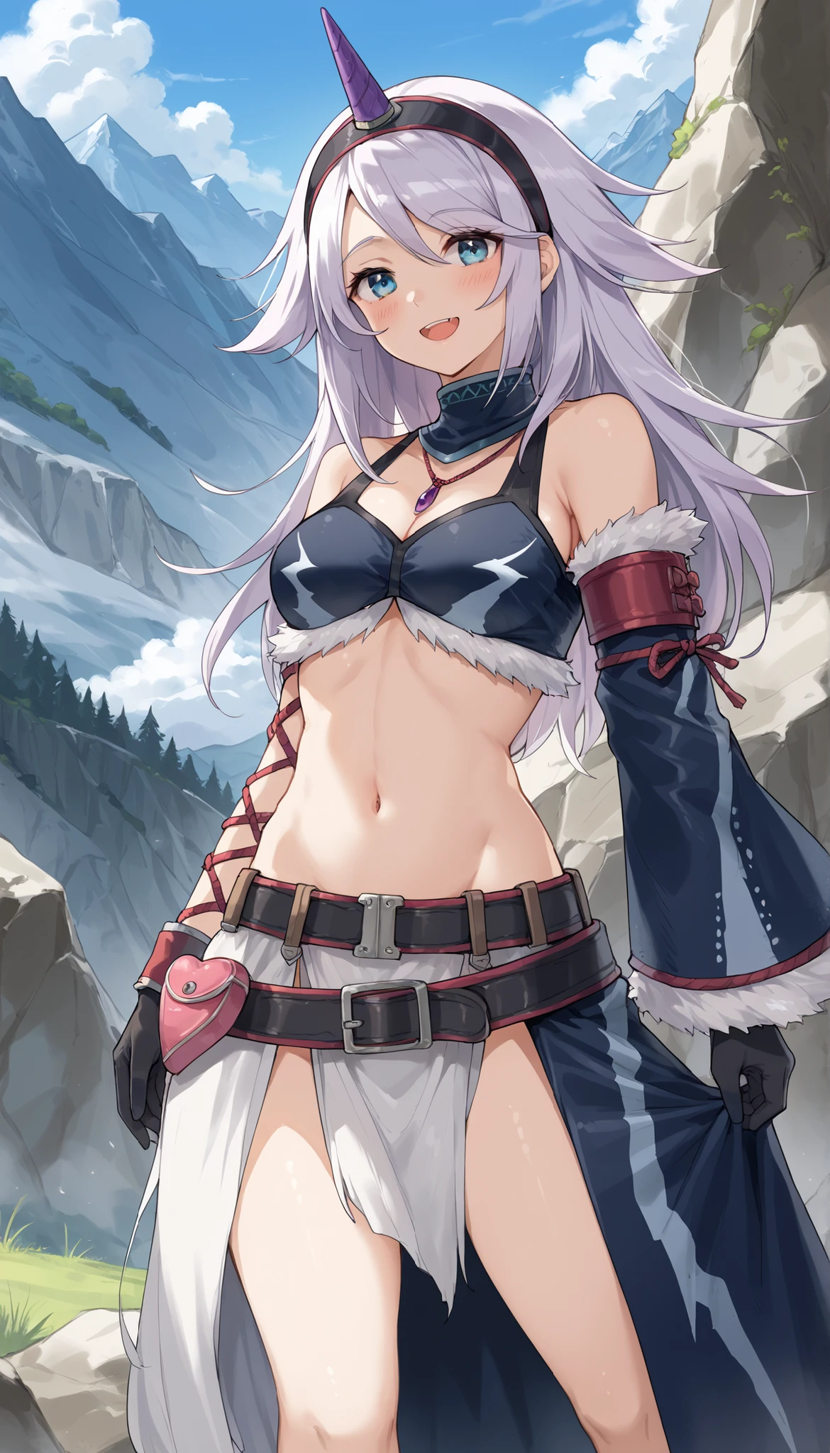 ( score_9:0.9), score_8_up, score_7_up,rating_explicit, anime style,(zPDXL), r armor, purple single horn headband, oung_girl, Alone, long_gloves, black_knee_high , white_long_hair, shaggy_bang,Blue Eyes, under the arm, arms, medium_breasts , black_tubetop,mountain_background,wide_shawl, Detachable_long_Sleeves,(abs:0.6),white_fur_waste_armor,smile,(crotch_curtain),blush,light_open_mouth,smart_waste