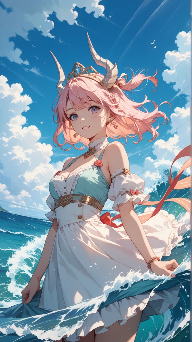 best quality, masterpiece, highres, solo, {frankenstein_fgo:1.15}, horns, single_horn, mechanical_horns, pink_hair, short_hair, blue_eyes, veil, breasts, yellow_eyes, heterochromia, hair_over_one_eye, hair_ornament, 1girl, bikini, blue_bikini, choker, collarbone, double_bun, hair_bun, swimsuit, blush, closed_mouth, day, looking_at_viewer, outdoors, ribbon_choker, sky, upper_body, blue_sky, cloud, ribbon, bangs, cleavage, sparkle