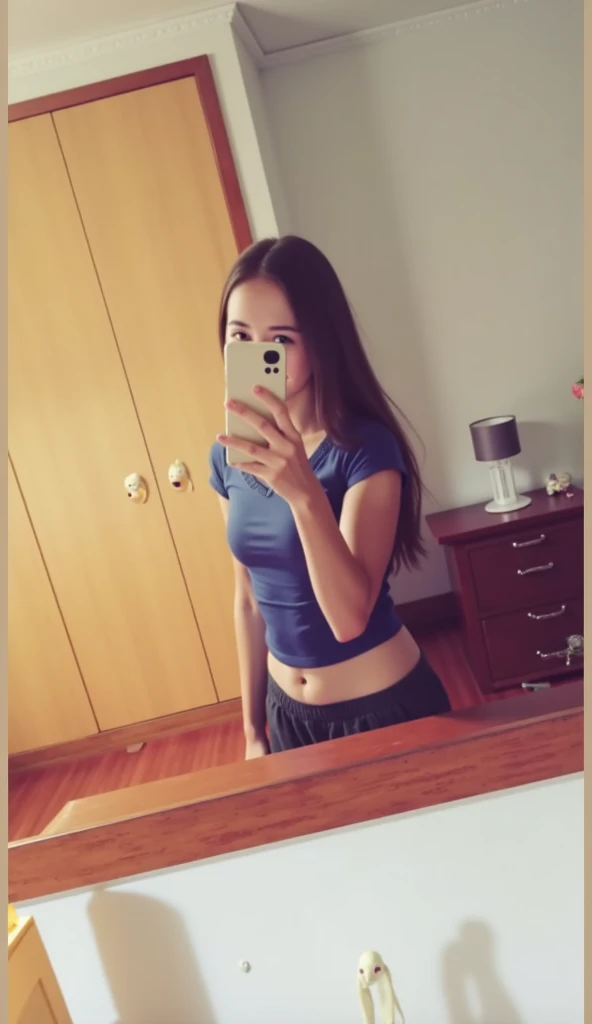 Mulher de camisa branca e bermuda preta tirando selfie, menina adolescente pequena quente, Pouco quente, her navel is exposed, Bonito midriff, umbigo mostrando, Latim, tinyest midriff ever, ela tem cerca de 1 6 anos de idade, Garotinha, 18 anos, peito achatado, umbigo perfurado