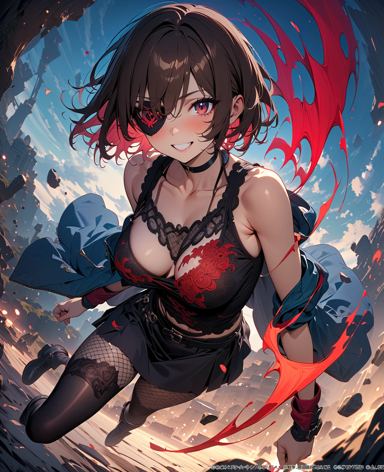 woman, curly red pixie cut hair, green eyes, wearing crop top black shirt, long black jacket, red plaid skirt, (black knee high boots), black fingerless gloves, exposed shoulders, (full body), large breasts freckles, cleavage, abs, looking at viewer, masterpiece, best quality