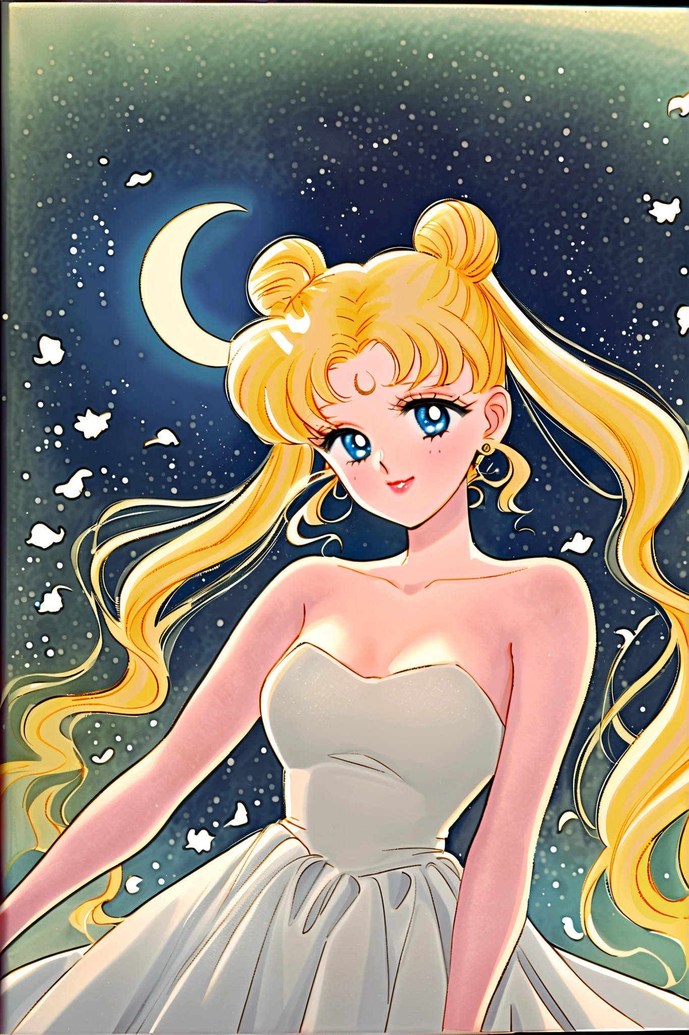 1girl,solo,long hair,facial mark, gold hair,crescent facial mark,twintails,double bun,crescent,hair bun,tsukino usagi,blue eyes,forehead mark,dress,hair ornament,white dress,jewelry,bare shoulders,crescent moon,moon,strapless dress,earrings,strapless,neck,white theme,hairpin,smile,petals,traditional media,blue background, she is very sex, 
