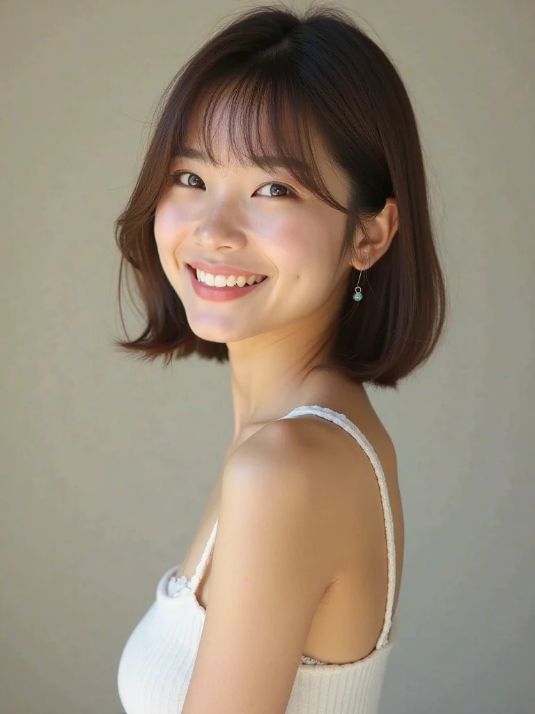 Photo Finish、slender、kawaii、Japan Beauty、Very very cute face、smiling slightly、Fine skin、Thin denim off-shoulder、Very small underwear、realphoto、Cinematic light、Clothes are taken off、magic hour