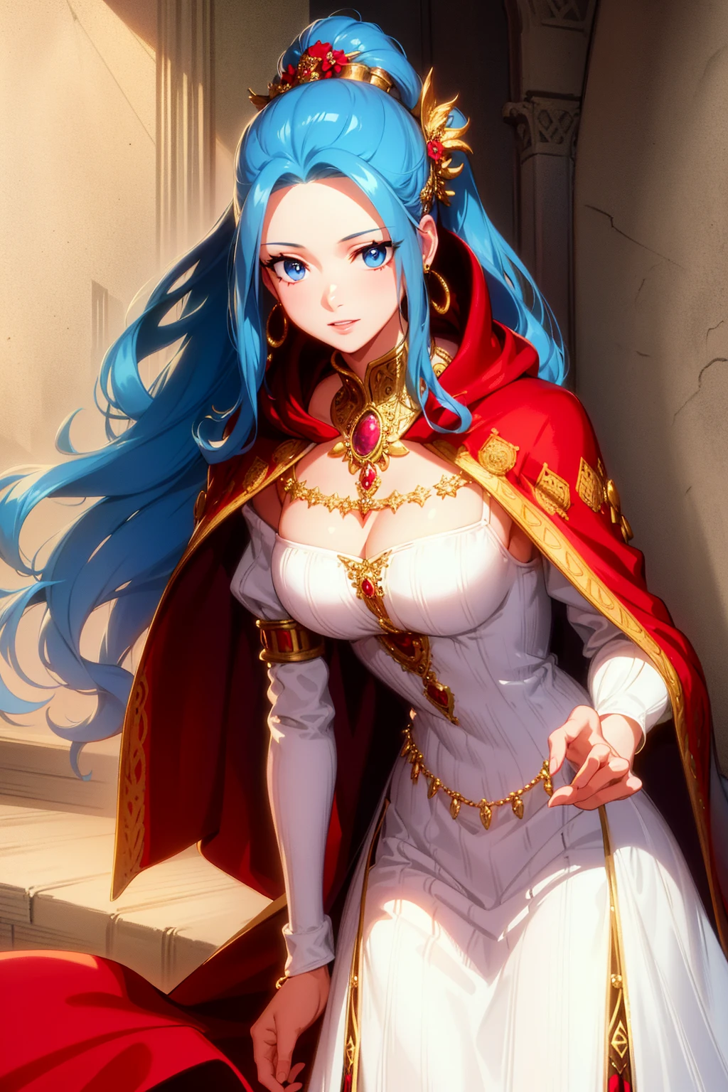 Chinese female general Hua Mulan,Saffron Hu suit lining,Detail the eyes,Crimson cape,Gold metal breastplate,golden helmet,battlefield background,majestic,Smile(open mouth)(The corners of the mouth are raised),Leather tunic,Knee armor,full-body shot,red metal headband,light blue hair,Hair bun raised high。wild wilderness background
