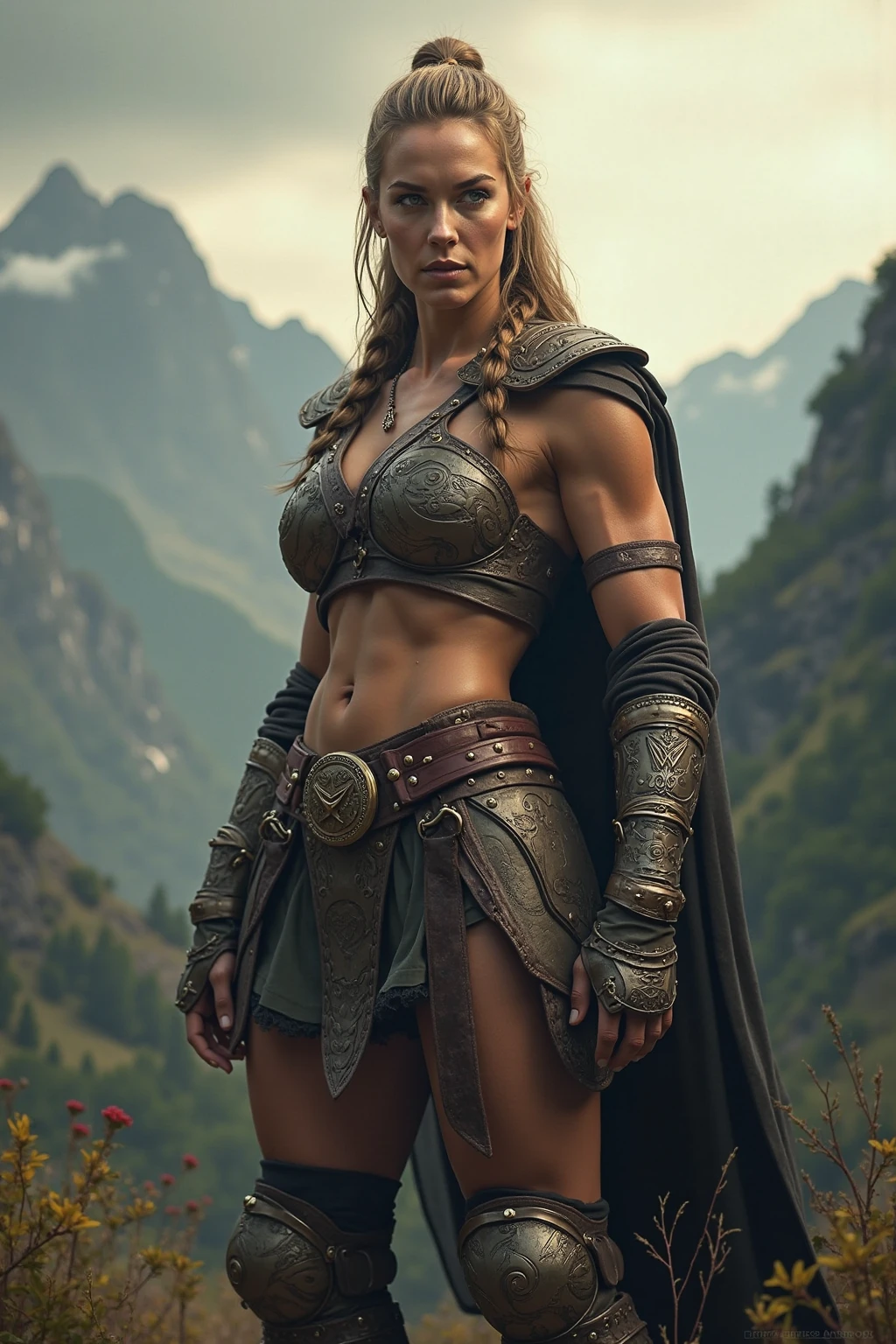 (muscular,superstrong woman viking ), leather clothing, viking tattoos, a background village, ultra-realistic 3D rendering with Octane Render, (dramatic and vivid lighting),(stunning 8k resolution, crystal clear),precise texture details. --auto --s2