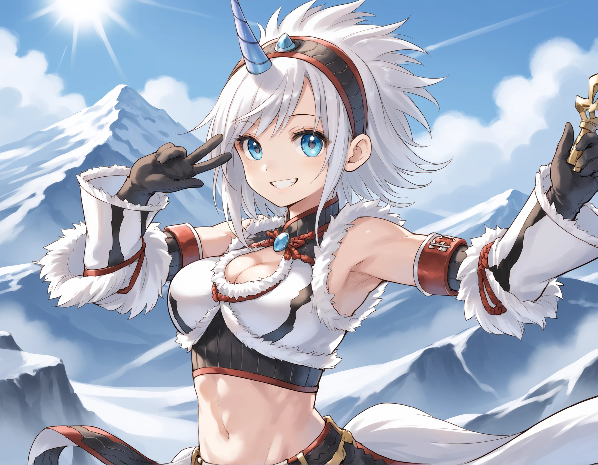 best quality, integrated scenery, integrated background, extremely delicate and beautiful, meticulous details, good composition, , cute face, perfect face,( score_9:0.9), score_8_up, score_7_up,rating_safe, anime style,(zPDXL), Armor , young_girl, Alone, single_purple_horn Hairband, Blue Eyes, , belly button,large_breasts, white loincloth, white kimono sleeve , smile, mountain background, monochrome, white bandeau, armpit,raise_arm,(abs:0.65),smile,spiky_bangs,sunlight,spikey_shaggy_hair,oil,