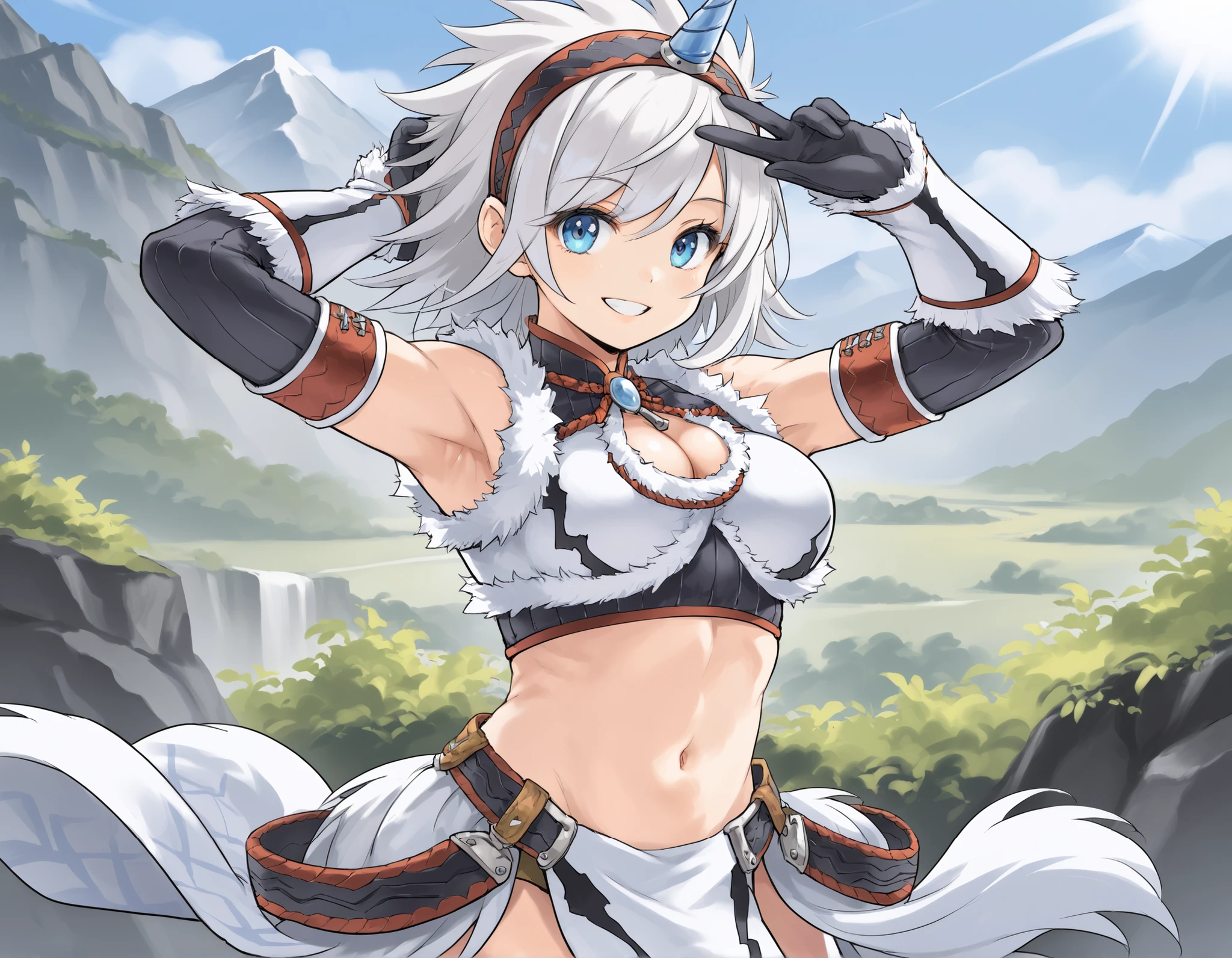 best quality, integrated scenery, integrated background, extremely delicate and beautiful, meticulous details, good composition, , cute face, perfect face,( score_9:0.9), score_8_up, score_7_up,rating_safe, anime style,(zPDXL), Armor , young_girl, Alone, single_purple_horn Hairband, Blue Eyes, , belly button,large_breasts, white loincloth, white kimono sleeve , smile, mountain background, monochrome, white bandeau, armpit,raise_arm,(abs:0.65),smile,spiky_bangs,sunlight,spikey_shaggy_hair,oil,