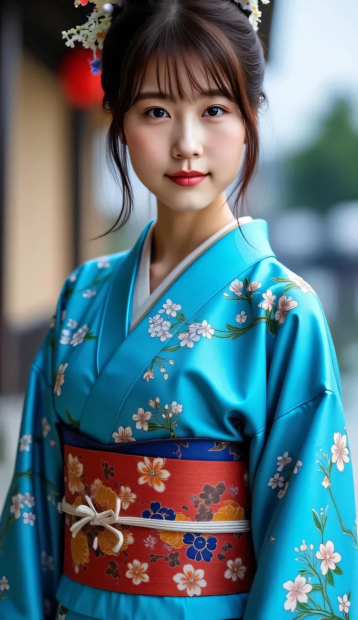 Utamaro's Ukiyo-e 、Beautiful Ukiyo-e composition、HD、4K、8k、16k、Woman uper high resolution、detailed description、A kimono with a bright white floral pattern that looks like art、A work like the culmination of Ukiyo-e、 color difference、bewitching beautiful woman in beautiful Ukiyo-e、high image quality、 facial features 、((Spectacular natural scenery))、score_9, score_8_up, score_7_up,high res photos, masterpiece, best quality work, great quality, very detailed, Complicated Details, sharp detail、Focus on Your FACE, perfect hands, perfect anatomy, detail hand , detailed finger,Japanese、Outdoors、It goes well with kimonos、((A beautiful night view of cherry blossom trees in full bloom along the riverside lined with red lanterns))、A beautiful woman with a seductive expression、Cherry blossom petals are falling、((Beautiful night view of illuminated cherry blossom trees in full bloom along a river lined with red lanterns))、A seductive kimono、Looking at the brightly lit cherry blossoms along the river
