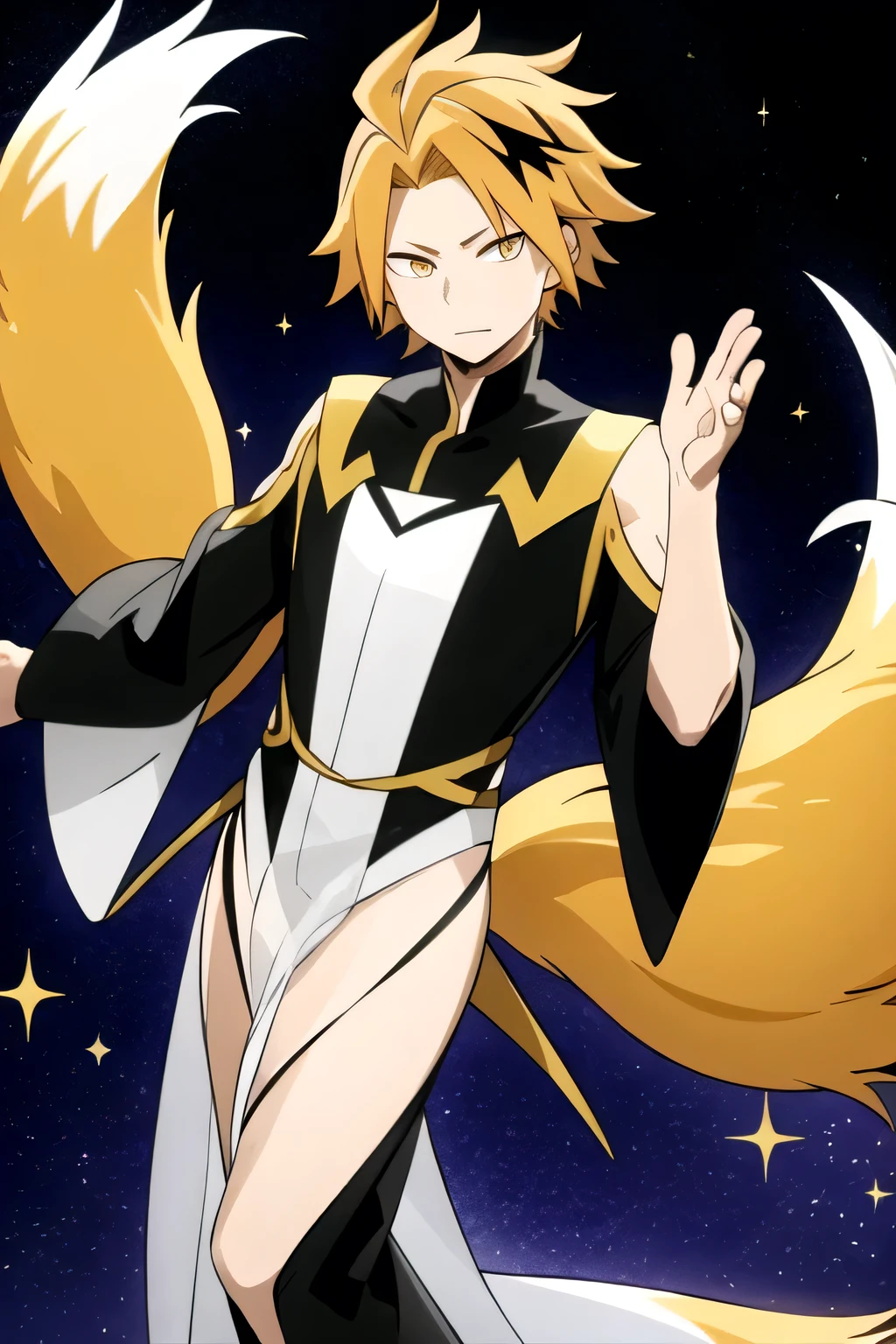 [High Quality] male, blond hair, Mechon with a black ray, nine-tailed fox, transparent tails with yellow glitter, bottom: space, long yellow Japanese costume with glitter and transparent fabric, floating in the air, Transparent tails ghosts, pose elegant, Close up image, Hand the chest,   boy , transparent fox tails with legendary glitter, 9 colas de zorro estilo space estelar