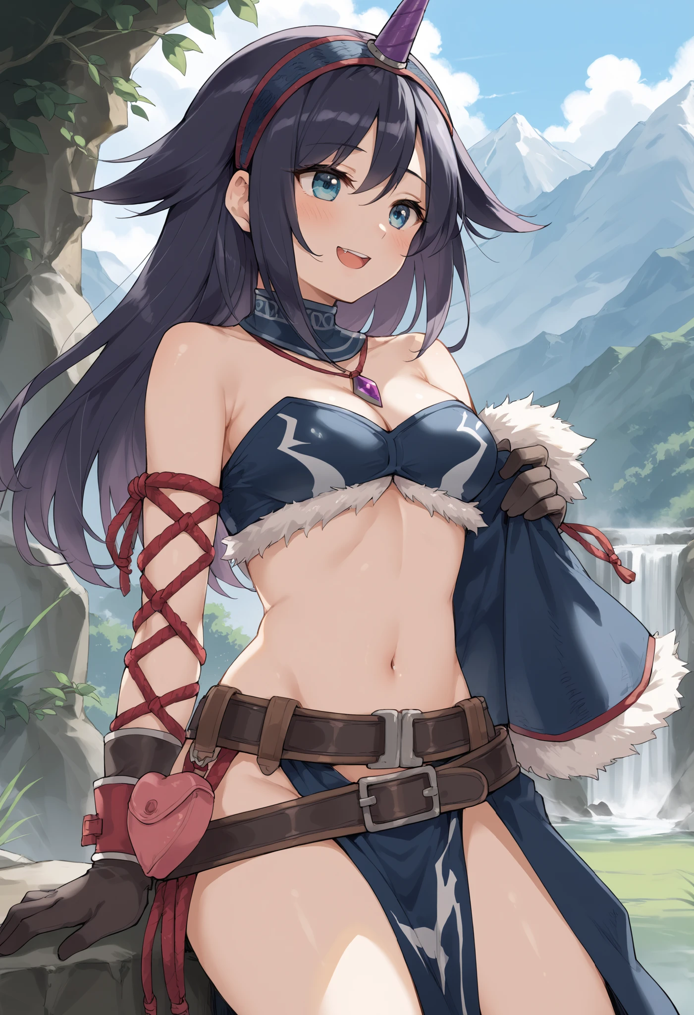 ( score_9:0.9), score_8_up, score_7_up,rating_explicit, anime style,(zPDXL), r armor, purple single horn headband, young_girl, Alone, long_gloves, black_knee_high , white_long_hair, shaggy_bang,Blue Eyes, under the arm, arms, medium_breasts , black_tubetop,mountain_background,wide_shawl, Detachable_long_Sleeves,(abs:0.6),white_fur_waste_armor,smile,(crotch_curtain),blush,light_open_mouth,smart_waste