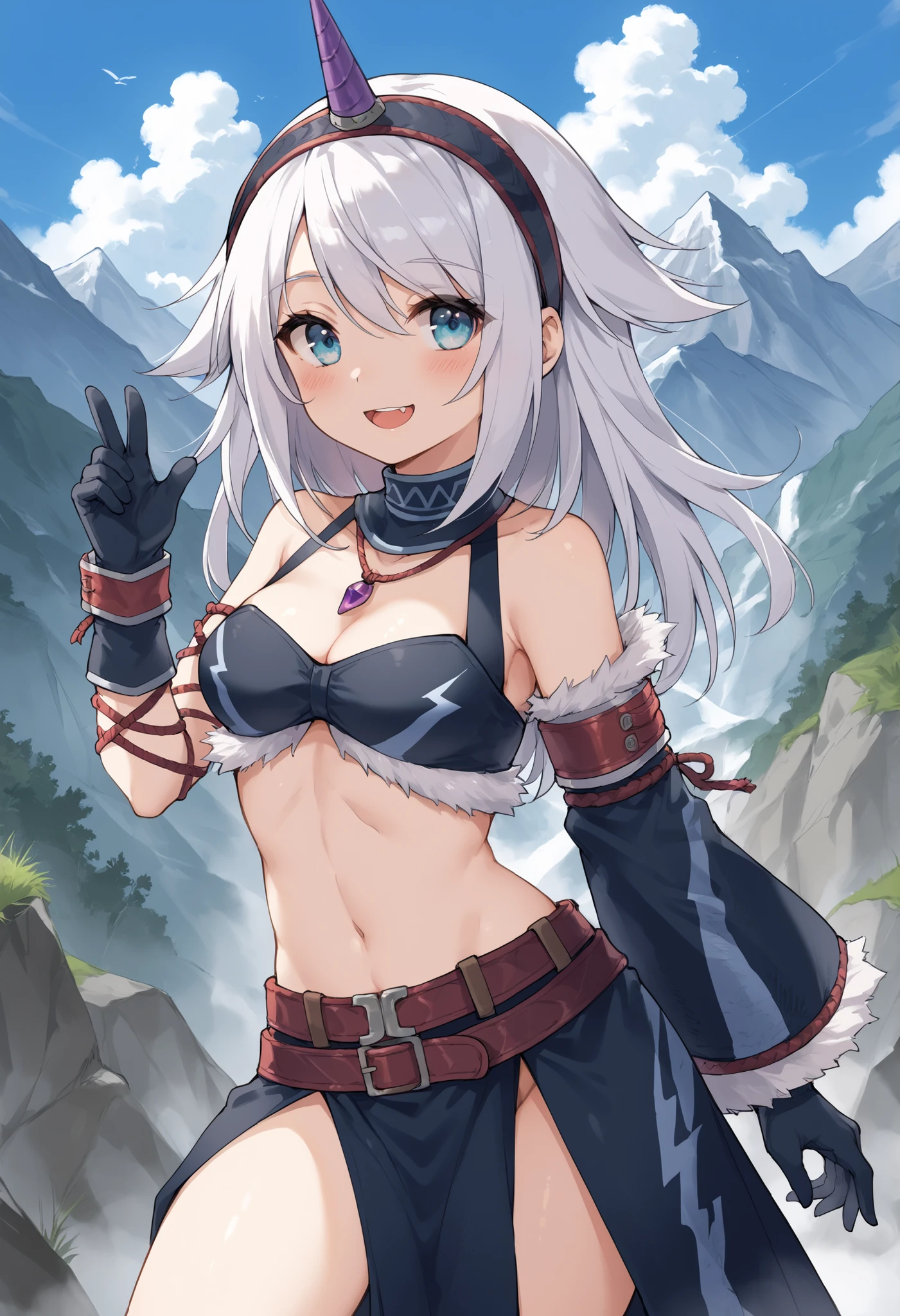 ( score_9:0.9), score_8_up, score_7_up,rating_explicit, anime style,(zPDXL), r armor, purple single horn headband, young_girl, Alone, long_gloves, black_knee_high , white_long_hair, shaggy_bang,Blue Eyes, under the arm, arms, medium_breasts , black_tubetop,mountain_background,wide_shawl, Detachable_long_Sleeves,(abs:0.6),white_fur_waste_armor,smile,(crotch_curtain),blush,light_open_mouth,smart_waste
