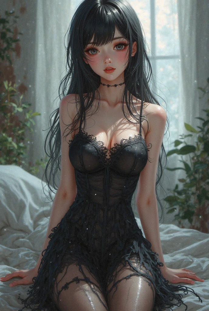 (score_9, score8_up), (majestic:1.5), uhd:1.3, RAW photo,1girl, solo, very detailed perfect natural breasts, looking at viewer, blush, very detailed shinning short hair, bangs, very detailed glossy blue eyes, very detailed shinning black hair, hair ornament, dress, bare shoulders, jewelry, very detailed perfect natural medium breasts, standing, ass, flower, cowboy shot, earrings, very detailed full glossy lips, parted lips, detached sleeves, choker, looking back, indoors, hair flower, hair bun, from behind, black dress, see-through, petals, sleeveless dress, back, black choker, single hair bun, plant, red flower, side slit, pillar, digital art, professional style, detailed image, detailed perfect natural skin, blush, realistic eyes, extremely beautiful woman, ((masterpiece quality: 2)), light particles, attractive image, reflections, Details