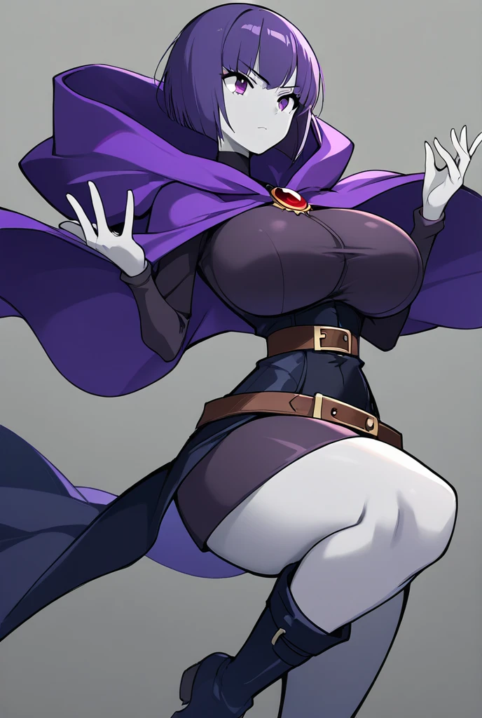 Teen titans art style, Raven, anime, masterpiece, 1girl, ((?????))), purple eyes, long purple hair, wide hips, thick thigh, big breast, huge ass, shiny skin, black suit, blue cloak, cleavage, posing, hand signs,