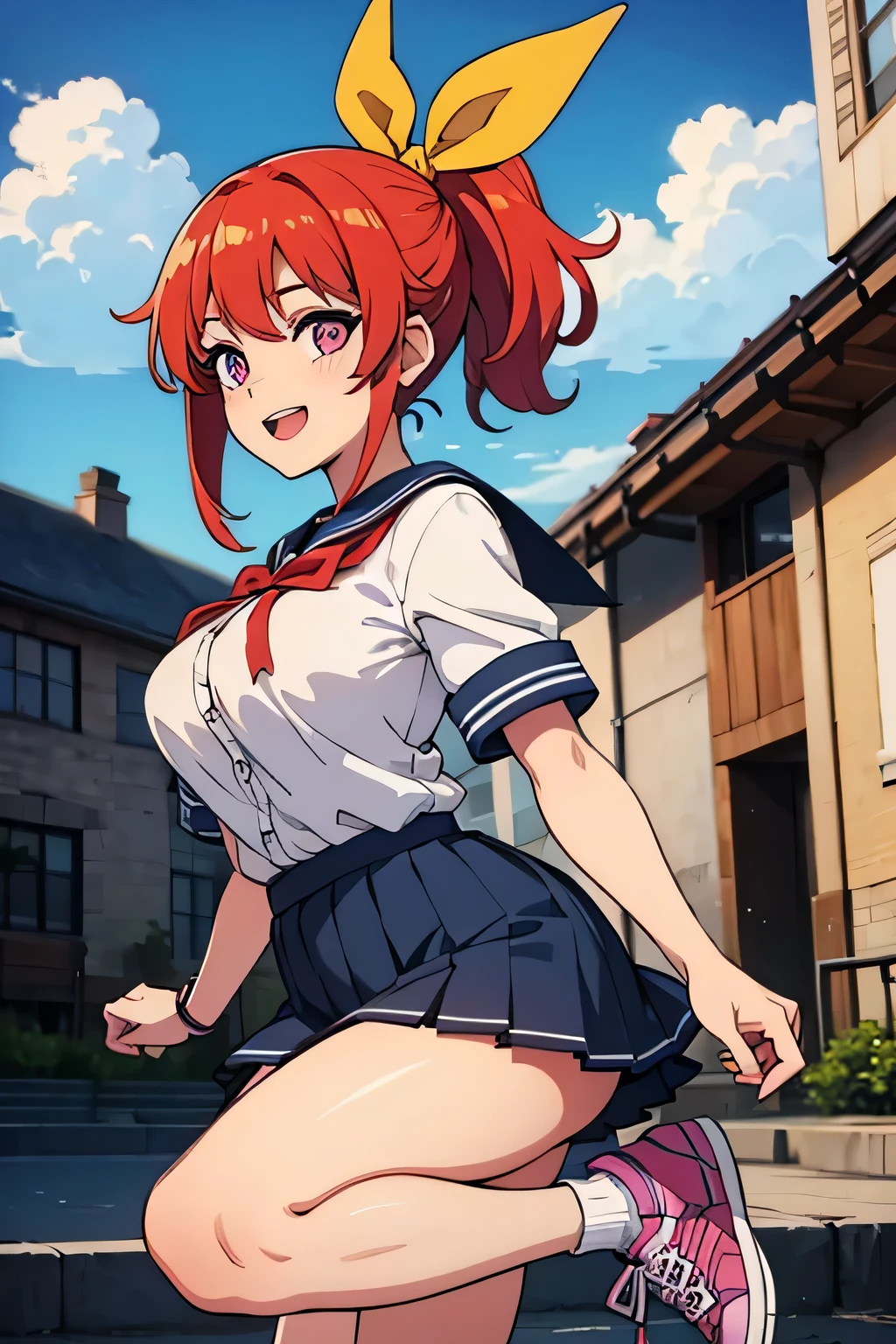 ((best quality)),((highly detailed)),masterpiece,absurdres,detailed face,beautiful face,(detailed eyes, deep eyes),1girl,  Tomo, , solo,  red eyes, short skirt , sky, day, cloud, pleated skirt, leopard print panty, outdoors, looking at viewer, open clothes, standing, loose white shirt showing cleavage, Gyaru, Big breast, tanned skin, Glossy lips, a lot of earpierce, Necklace,Bracelet, Half eyes expression, Smirk, feminim,1girl,Solo,Spouty mouth,Big hair,Heart shaped emotion,Bored expression,Thick lips,colored Long nail,Stylish wavy hair,Celeb wavy hair,Tight tights,Plump,Curvy figure,top knot Ponytail,wavy ponytail,H cup,Gyaru rings,Gyaru accesories,Big bouncy breast,Curvy figure,Half eyes open expression,((long sleeved green Sweeter v neck school uniform )),cleavage,Spouty mouth expression,1hand crossing,1hand in cheek,Solo,Leopart print hairtie