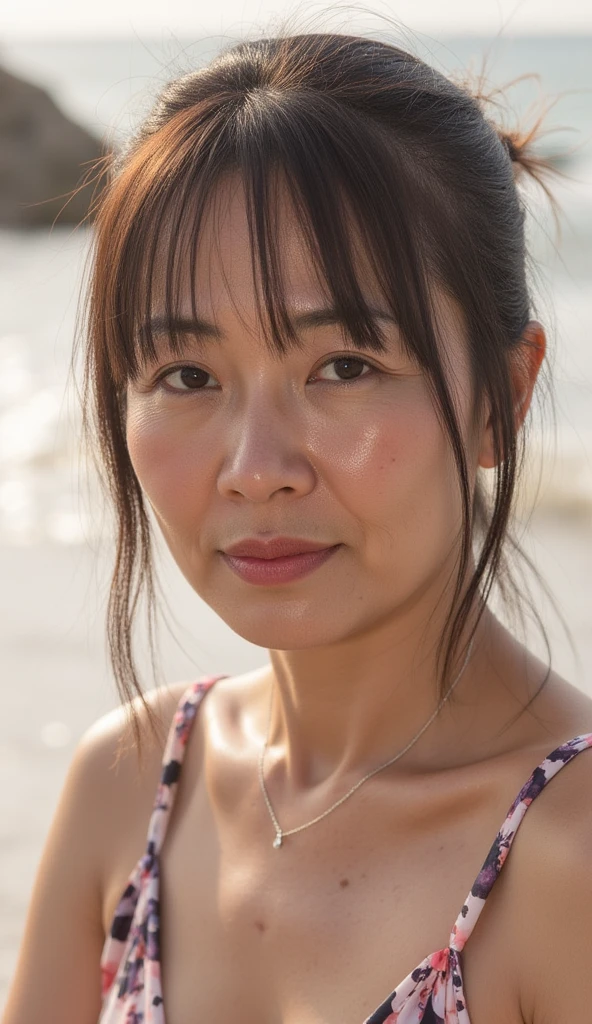 (8K、RAWE Photo、Highest quality、masterpiece:1.2)、(Real、Photorealistic:1.37)、Super detailed、Ultra-high resolution、1 girl、Beautiful detailed face、(Feather Cut: 0.6)、Professional Lighting、The lighting is bright、actress、model、Japanese、Full body、Wide-angle shot、Daytime、bright, simple background ,Simple Background、Model posing, full body , cowboy shot ,40-year-old woman、Mature Woman、Raise your left arm slightly、、、smile,