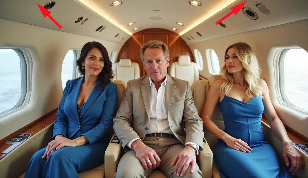 there are two women in the center of the image wearing red dresses, decotados e curtos, sitting on a luxury plane, papai, posing for photo shoot, In the background, foto de retrato, ultrarealista, 8k, cinematografica, no centro da tela