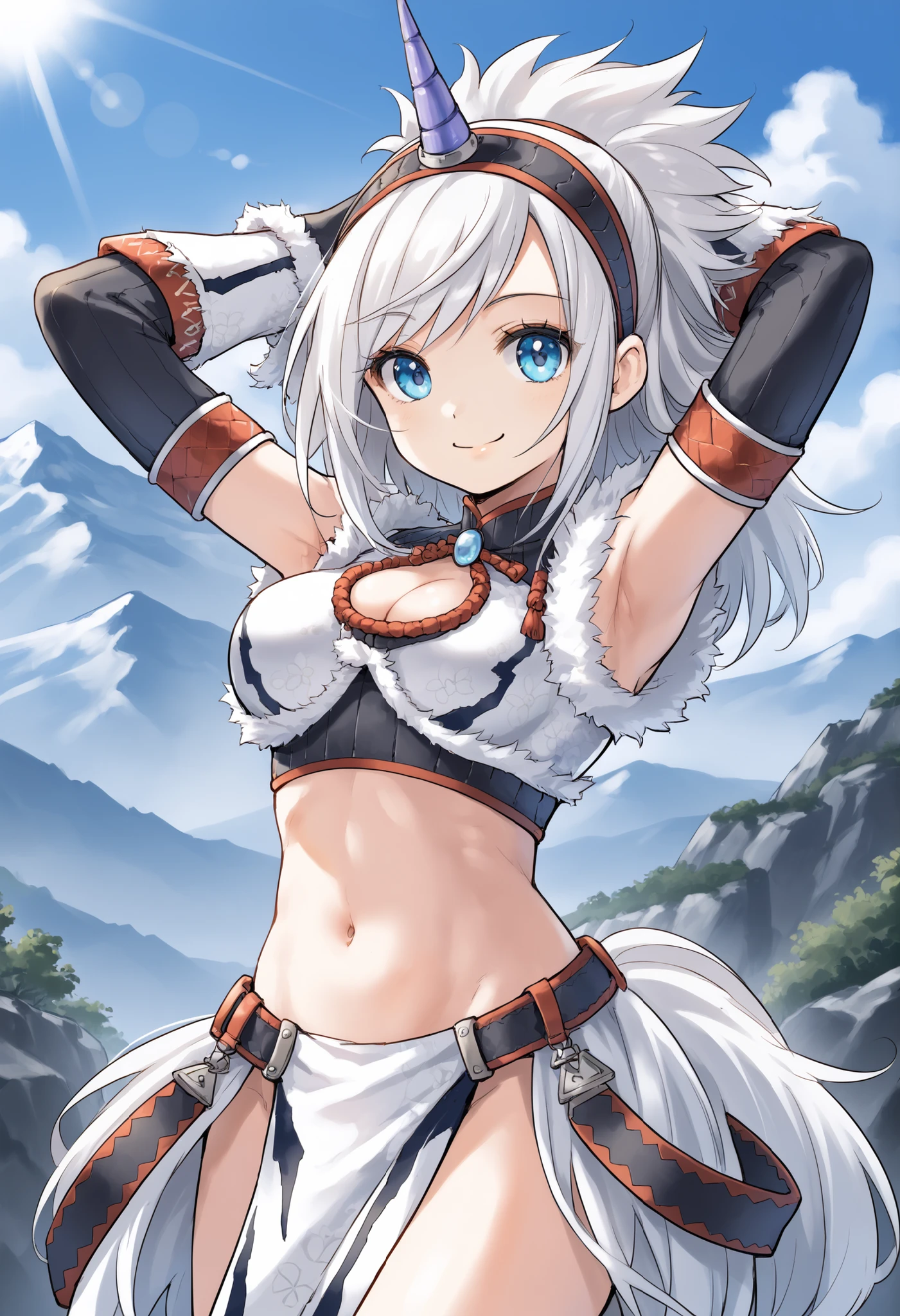 best quality, integrated scenery, integrated background, extremely delicate and beautiful, meticulous details, good composition, , cute face, perfect face,( score_9:0.9), score_8_up, score_7_up,rating_safe, anime style,(zPDXL), Armor , young_girl, Alone, single_purple_horn Hairband, Blue Eyes, , belly button,large_breasts, white loincloth, white kimono sleeve , smile, mountain background, monochrome, white bandeau, armpit,raise_arm,(abs:0.65),smile,spiky_bangs,sunlight,spikey_shaggy_hair,oil,