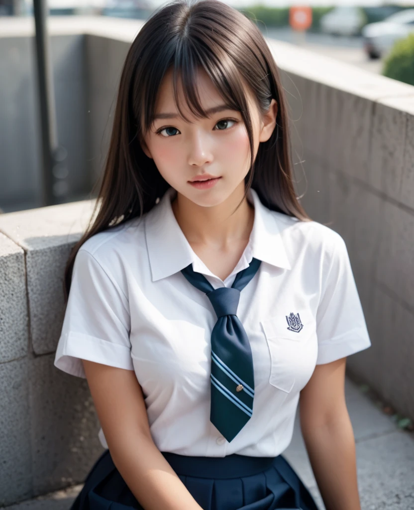 ung girl, laugh shyly, (highly detailed eyes, highly detailed hair, highly detailed face), extremely detailed CG unified 8k wallpaper, Highly detailed, High-definition raw color photos, Professional Photography, Realistic portrait, Cinematic Light, Bangs, (Beautiful breasts), (High school uniform with wide open breasts:1.1), (Pleated mini skirt:1.2), hair blowing in the wind, (no panties), sitting, spread legs wide open, outdoors, beach, beautiful sunset, (((Bokeh))), depth of fields,