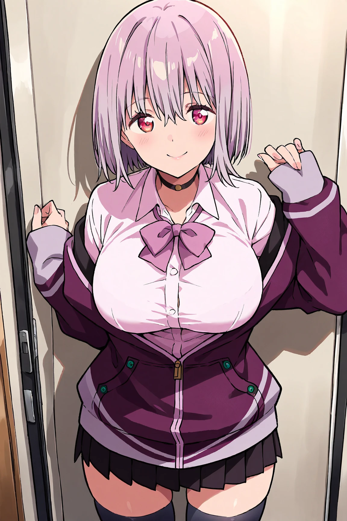 akaneshinjou, shinjou akane, light purple hair, (pink eyes:1.2), short hair,
BREAK black pantyhose, bow, collared shirt, hood, hooded jacket, jacket, open clothes, open jacket, open shirt, pantyhose, purple bow, purple jacket, school uniform, shirt, sleeves past wrists, unbuttoned shirt, white shirt,,
BREAK indoors, city,
BREAK looking at viewer, BREAK (masterpiece:1.2), best quality, high resolution, unity 8k wallpaper, (illustration:0.8), (beautiful detailed eyes:1.6), extremely detailed face, perfect lighting, extremely detailed CG, (perfect hands, perfect anatomy),
