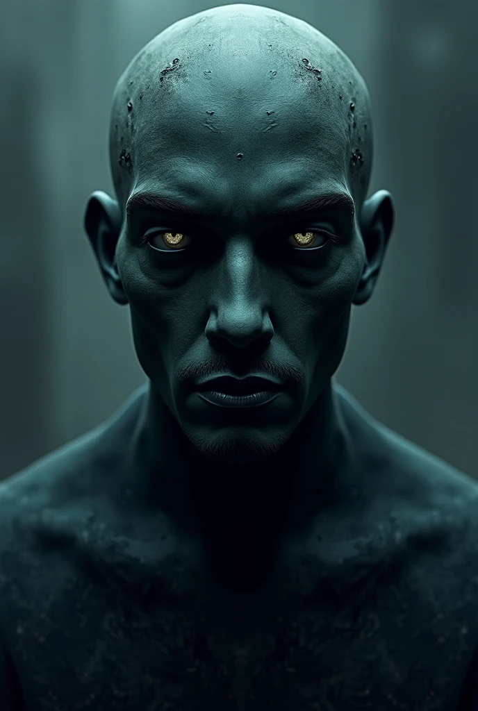 Extreme close-up shot of a black asphalt head of a male figure with a cracked and shattered face, hlboké praskliny a chýbajúce časti tvare odhaľujú stopy boja, the undergarments in the cracks glisten and shine with an intense green light, vyzekajuca zarica tekutina steká po rozbitom povrchu, eyes filled with intense anger, pain, every detail of the broken asphalt is highlighted, tvrde, but focused lighting, which highlights the cracks and flowing lava on the face, blurred background to emphasize raw emotion and anger, hyperrealistické, film lighting.