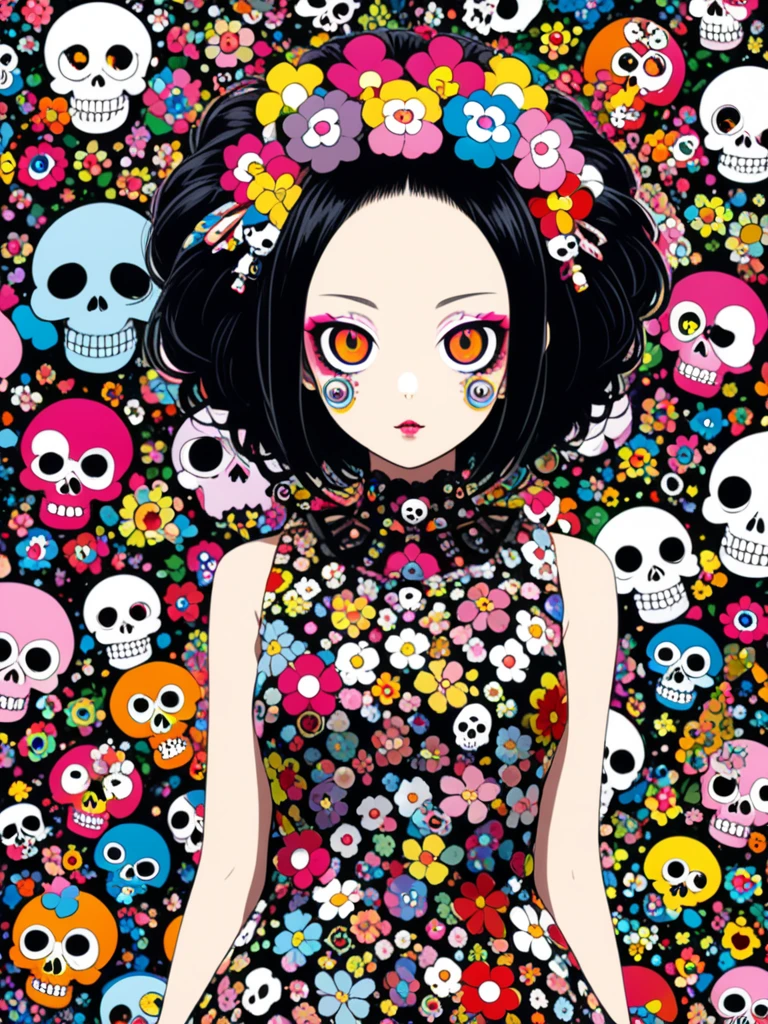 Black Hair、Black Feather、Gothic punk dress、Legs sticking out, Crossing your legs、anime zombie witch design, Crossbones, Streetwear Design, Provector, Horror Style, Full Design, Only 6 colors, Solid Colors, No Shadow, Full Design, Stickers, Bright colors, White Background.Ultra-fine illustrations,(((Beautiful fine hair))),(((Beautiful Faces))),(((Beautiful background))),(((Beautiful fine hair))),(((Beautiful Faces))),(((Beautiful background)))、Black Hair、Blunt bangs,Undershot,yukata,Tanabata