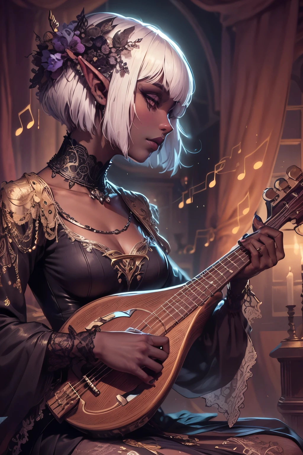 (Ultra-detailed face, Looking Away, Gothic Illustration, Dark Tone Colors.) , BREAK
(In a medieval European Romanesque-style inn room, a female dark elf bard sits on a bed in a bold pose and with large movements, playing a lute. The notes dance to the music.) , BREAK
(She has white hair and eyebrows, a crisp fringe, shoulder-length hair, small pink lips, lavender eyes, dark purple skin, and eyeliner.), and (She wears a necklace with a wide lace choker and gold braid. She wears a classic medieval European-style wrap dress of grape-colored, loose-fitting fabric overlaid with thin lace fabric. She wears laced heels with thin jet-black laces.)