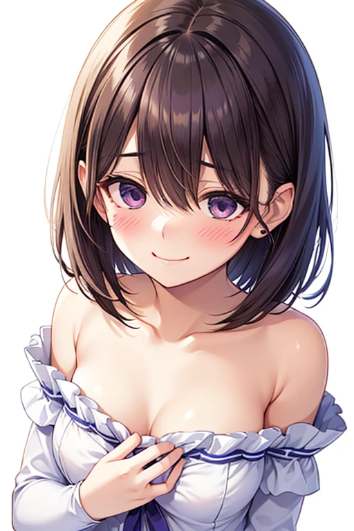 (highest quality), (Super detailed), (Best Illustration), (NSFW), (beautiful girl), (((from before))), (Upper body), ( white bra), (big breasts), brown hair, bob cut, hair between eyes, messy hair, ((embarrassing)), The whole face turns red, blue eyes, ((white background)),