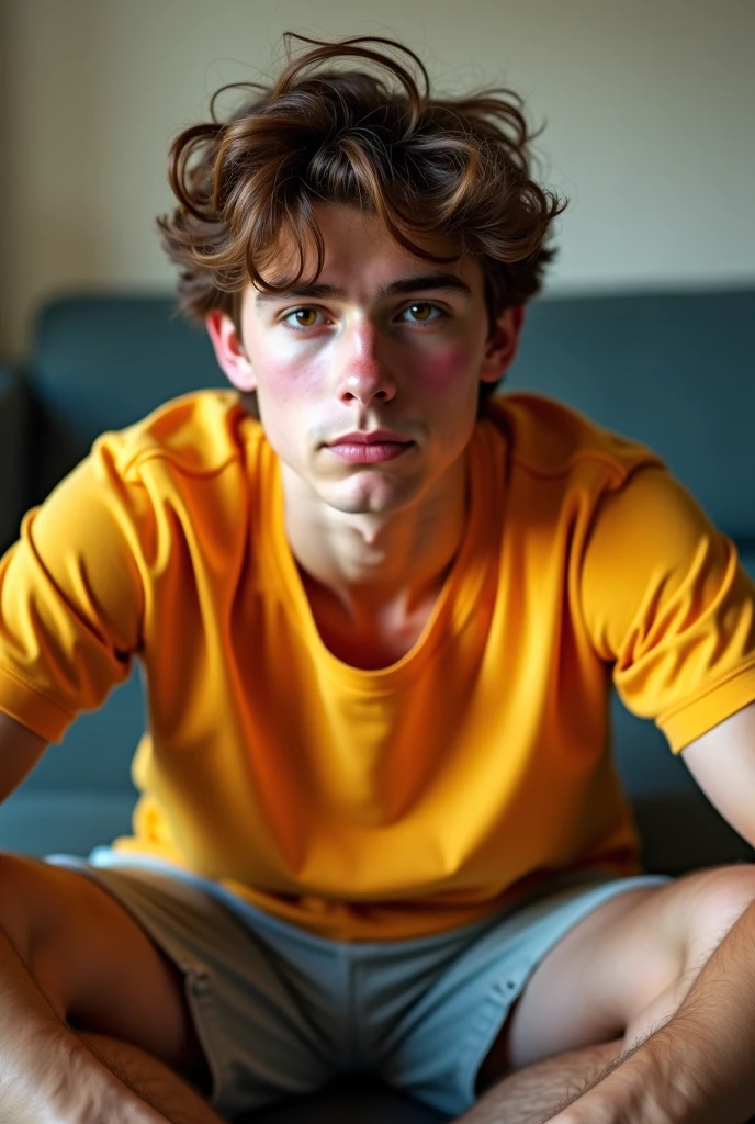 A most beautiful 25 years old boy sitting on a chair looking exactly, directly at the camera, talking to the camera, captured through 1mm lens, 8k resolution, hyper realistic.