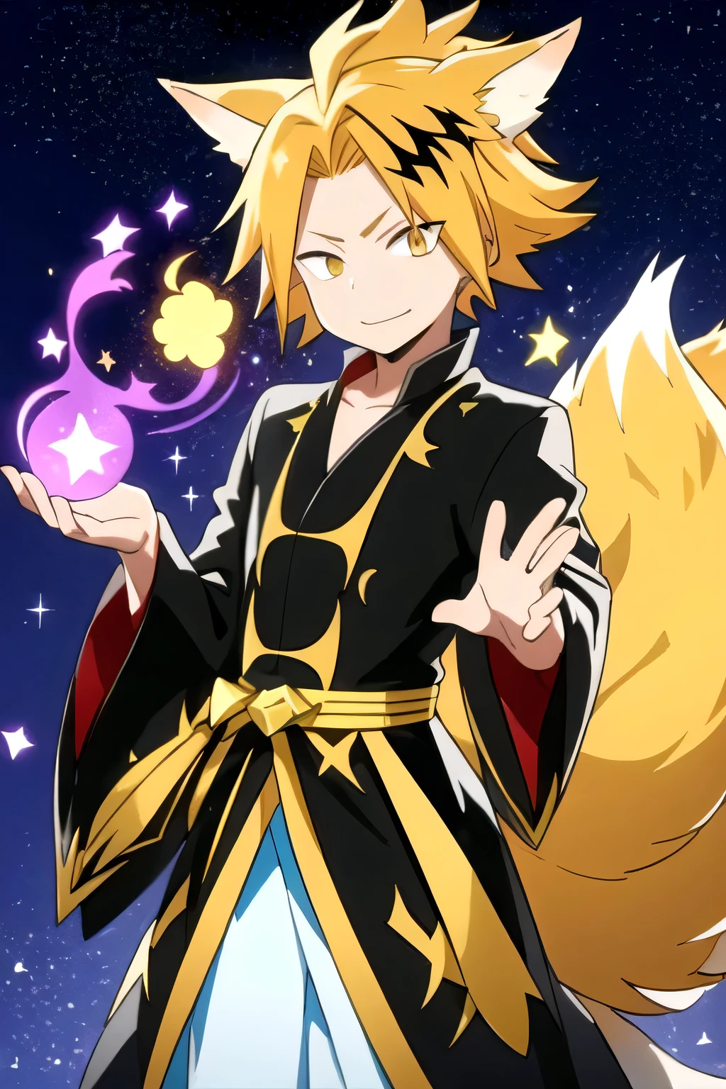 [High Quality] male, blond hair, Mechon with a black ray, nine-tailed fox, transparent tails with yellow glitter, bottom: space, long yellow Japanese costume with glitter and transparent fabric, floating in the air, Transparent tails ghosts, pose elegant, Close up image, Hand the chest,   boy , transparent fox tails with legendary glitter, 9 colas de zorro estilo space estelar