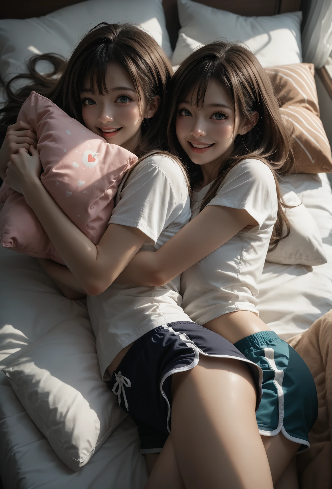 master piece,best quality,ultra detailed,Cute little sisters wearing camisoles and dolphin shorts, spread their cheeks, hug pillows, and relax while lying in the clinic's obstetrics and gynecology bed waiting for an examination、He's smiling wryly but he seems uneasy、The doctor came、Embarrassing、Heart pounding