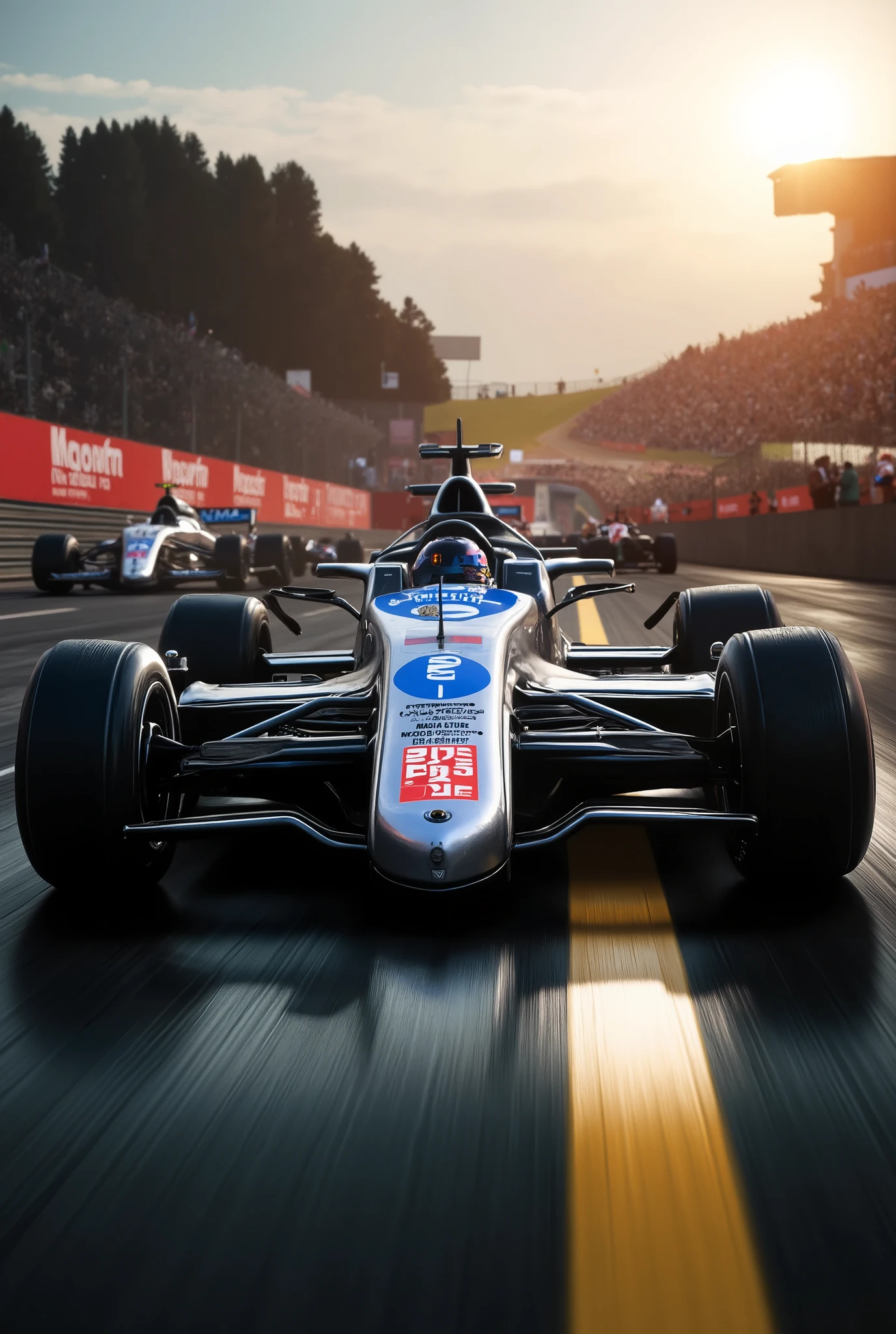 a spectacular, award-winning image of an F1 racing race, 8K, hyperrealistic, detailed, dramatic composition, high-speed racing car, sleek aerodynamic design, driver wearing racing suit, intense expression, gripping the steering wheel, surrounded by blurred racetrack, spectators cheering in the background, dramatic lighting, sun glare, dynamic motion blur, cinematic color grading, vibrant hues, professional motorsports photography
