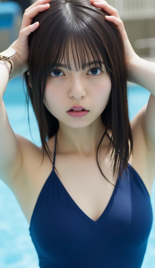 (8k, RAW Photos, Highest quality, masterpiece: 1.4), (Realistic, photoRealistic: 1.4), Super detailed, Ultra-high resolution, One Girl, Beholder, Beautifully detailed face, smile, (Slim waist: 1.0), Beautifully detailed skin, Skin Texture, Floating Hair, Professional Lighting, Middle Chest, Kind eyes,(small breasts:1.6), (beautiful nipples:1.8),(undressing:1.9), (:1.0), (law panty:1.5), (undressing wet black bikini and strap:1.34),(white vest:1.2),(Feather Cut:1.0), (petite:1.0),(upper body:1.5),(Slender:1.0),(soaked in the middle of room pool:1.7)
