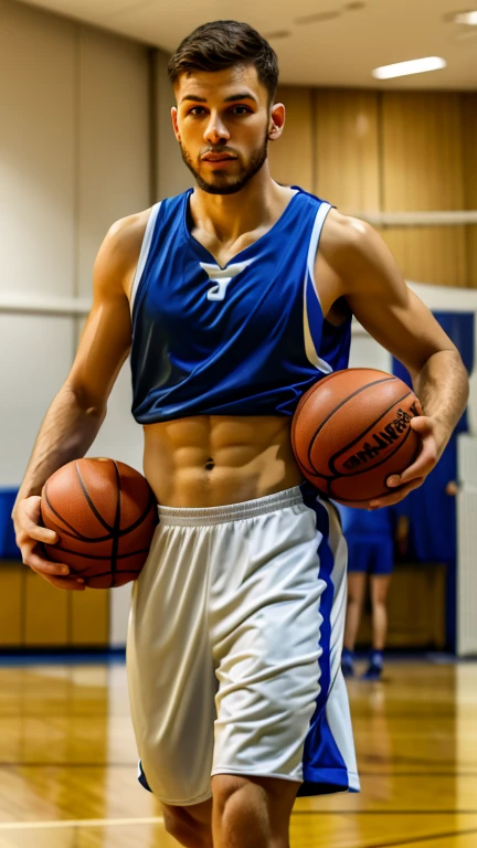 shirtless sweating 21-year old short brown hair caucasian male sweating wearing basketball shorts