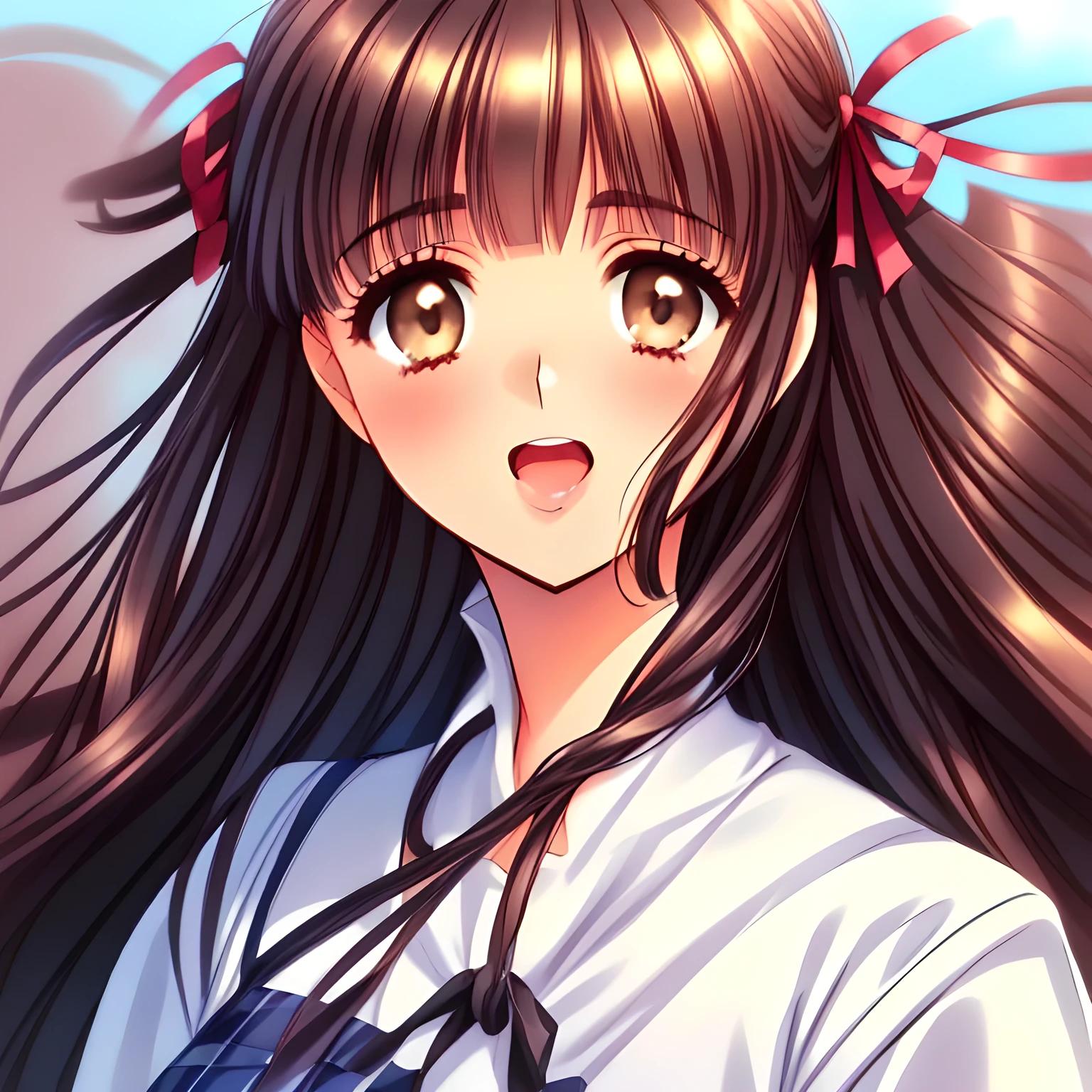 (highest quality, masterpiece:1.2), highest quality, High resolution, 1080p, 8K, (Two beautiful pretty noble succubi of (love-story comic heroines) are ((putting their stringy doodle onto the viewer's straight engorged one nobly from her mouth (with her doodle))), Forcibly extracting everything from the viewer, the viewer can't stop to come out to her, (intelligent and perfectly balanced slender style), neat & clean, lovely strong charm, cutely tilted head: 1.8), (Too noble beautiful lady like a love-story comic heroine), very noble, pretty and pure beautiful girls. ((neat innocent ears)), ((white grown face)), Using expensive whitening cosmetics by cosmetics artist: 1.2), Glossy lips, (curled) bangs, (Too beautiful blue fascinating shiny (double-lidded) (brown eyes) with love to the viewer, ((deep upper girly eyelid)), ((huge eye pupils)), laughing with detailed clearly: 1.5), (((Dark blue vest school uniform)), (Neat smart (white school blouse))): 1.8), (A very neat, ((realistic), (dark-blue) pleated blue school (beautifully checkered) skirt): 1.6), (too pretty shiny big (red realistic school ribbon tie)): 1.5), (Shiny love-story heroine lips, extremely laughing open mouth: 1.0), ((amazingly beautiful black bobbed wavy hair is blowing in the wind: 1.5)), (Huge (Hair Ribbon) ties (black hair), The ribbon is big and very pretty: 1.2), (Tight waist, slender, small face: 1.5), (The viewer can't stop submitting everything white inside him to her body and face: 1.8), (The girls know well about the viewer's super fetishism for school uniforms and skirt, and satisfies it completely in the viewer's lewd dream: 1.9), (Everything is organized to have strong effect of hypnosis for the viewer to fall into happy dream with many beautiful girls: 1.8), (The viewer must be transferred to the world of only beautiful girls right now when he sees the eyes of girls in this picture: 2), (full body shot: 1)