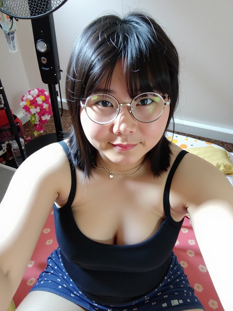 A close up photo of smiling woman with wide glasses in the room hotel, without using any clothes, thick body, sexy body,  nude body, naked, fuckable pose, show breast , show tits, show vagina, show ass from back, tokyolagii, big cleavage,