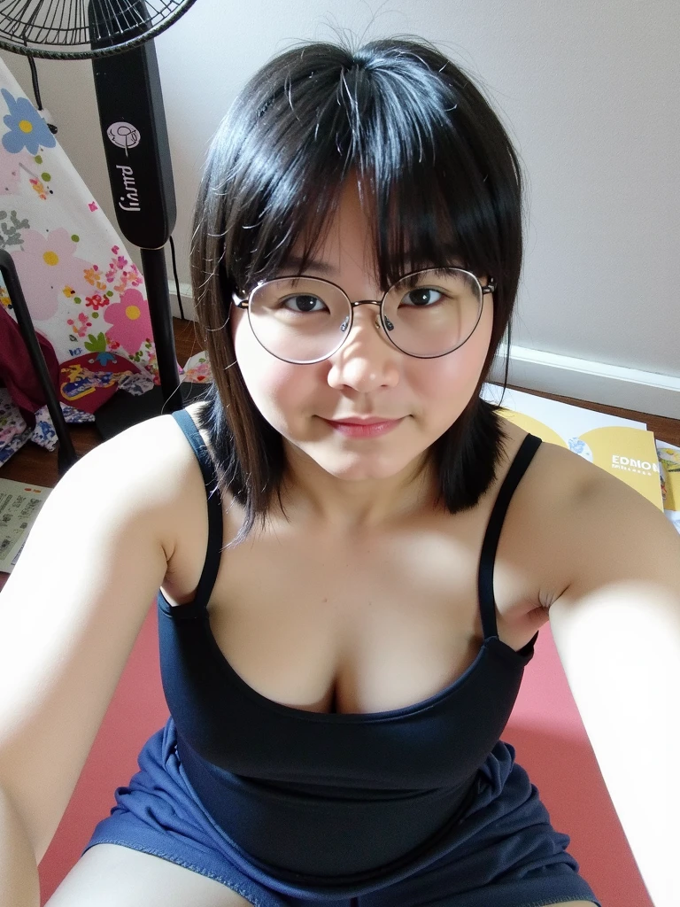 ((best quality)), ((Masterpiece)), (4k details), realistically, Whole body, (((asian woman))), braid hairstyle, Cameraman, nude, red lips, smile showing teeth , (((The real organ is not distorted.))) Wear glasses