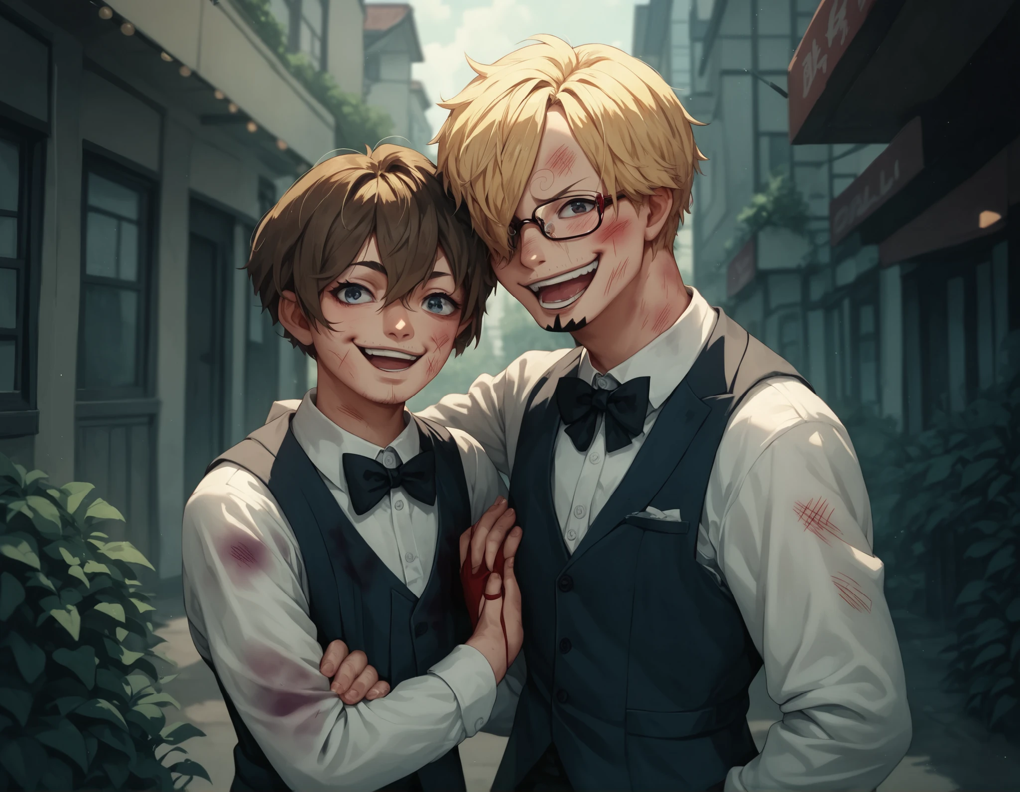 sanji, bruised, bloddy, happy, looking at viewer, blonde hair, glasses