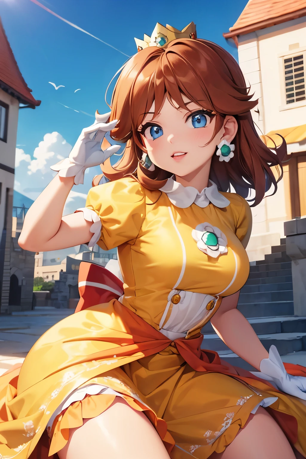 (8k, raw photo, masterpiece, extremely detailed, best quality, professional lighting, high res), (cartoon, cartoon lines:1.5), BREAK beautiful and adorable girl, mischievous girl, lora:daisy1-000015:1, princess daisy, blue eyes, long hair, orange hair, (big eyes, cartoonish eyes, thick lips, lipsticks, energetic:1.3), crown, daisy, dress, flower, gem, gloves, orange dress, puffy short sleeves, puffy sleeves, short sleeves, white gloves, BREAK kingdom, castle, outdoor