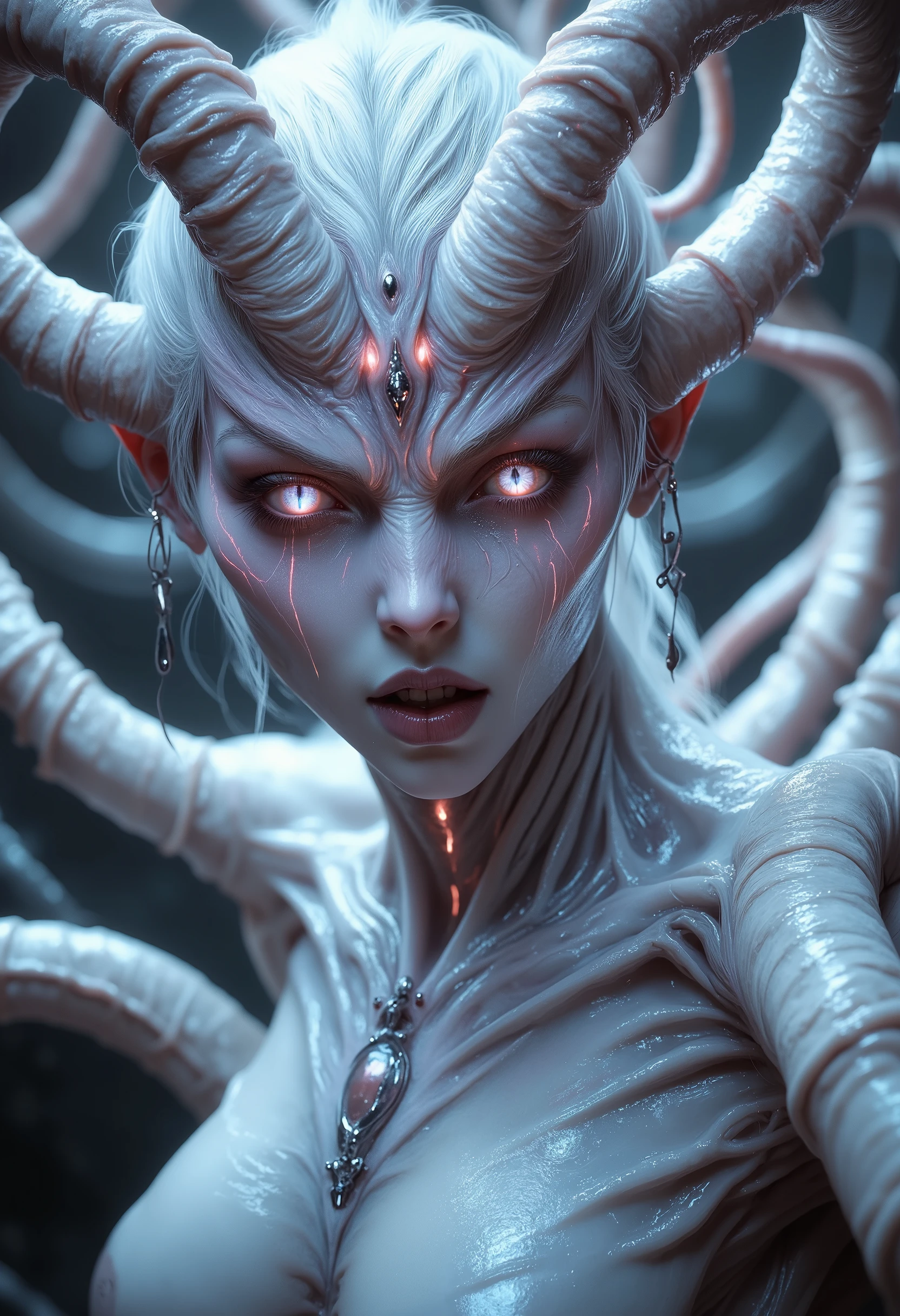 (stuninng photo by professional photographer, Best Quality, 4K, 8k, High Resolution, Masterpiece: 1.2), (Super Detailed, realistic, photorealistic:1.37),(4 iridescent eyes:1.5), four eyes, scary and sexy detailed art in color, Portrait, (beautiful and obscene female alien:1.4), (vulgarity1.7), (Translucent white skin:1.4), (There is a female genital-like organ in the middle of the forehead:2.3), (The most beautiful face in the history of the universe:1.2), an evil gaze that seduces, (sharp vampire teeth :1.0), Full body portrait, (bio luminescent:1.2),(Lots of translucent tentacles:1.8) , Neon Colored, in the deep sea, dramatic pose, four eyes, no makeup