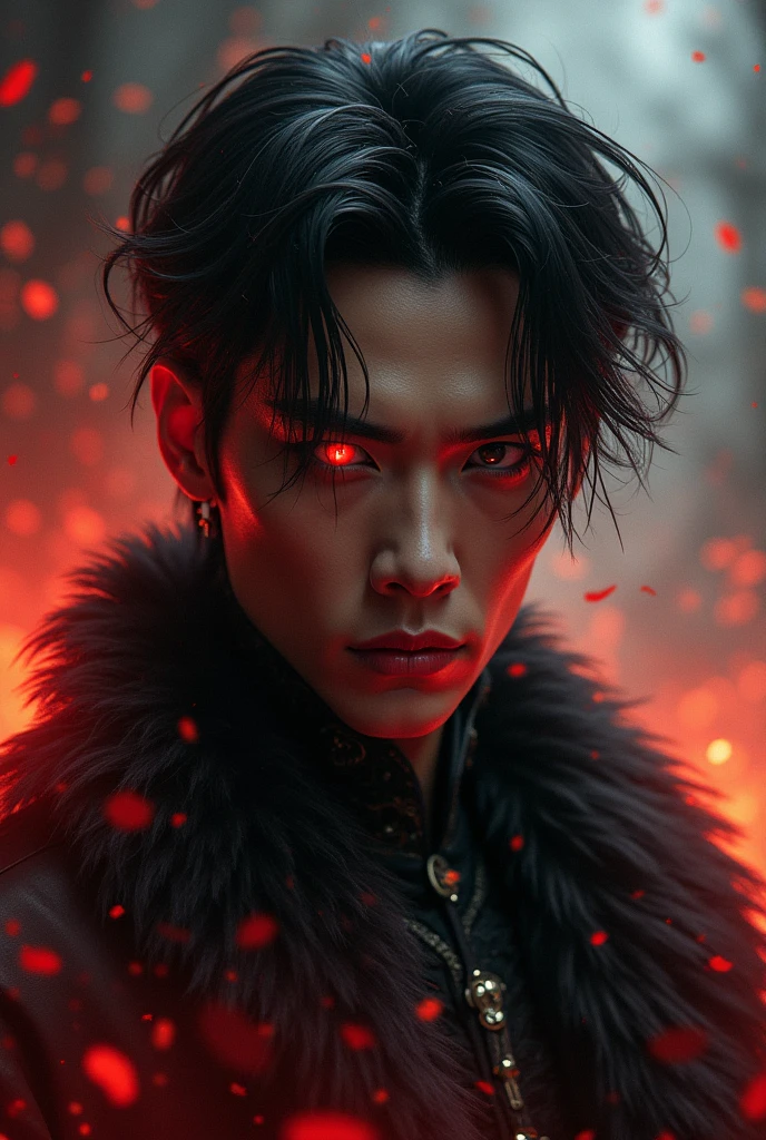 crie um Homem com cabelos pretos, pele negra, usando roupas preto e rubro escuro aparentemente tem 25 anos de idade, No estilo de arte Bowater, Retrato colorido, Retrato colorido detalhado, Pintura digital, assemelhando-se a um coreano, pale skin, evil magic, witcher, ritual, darkness