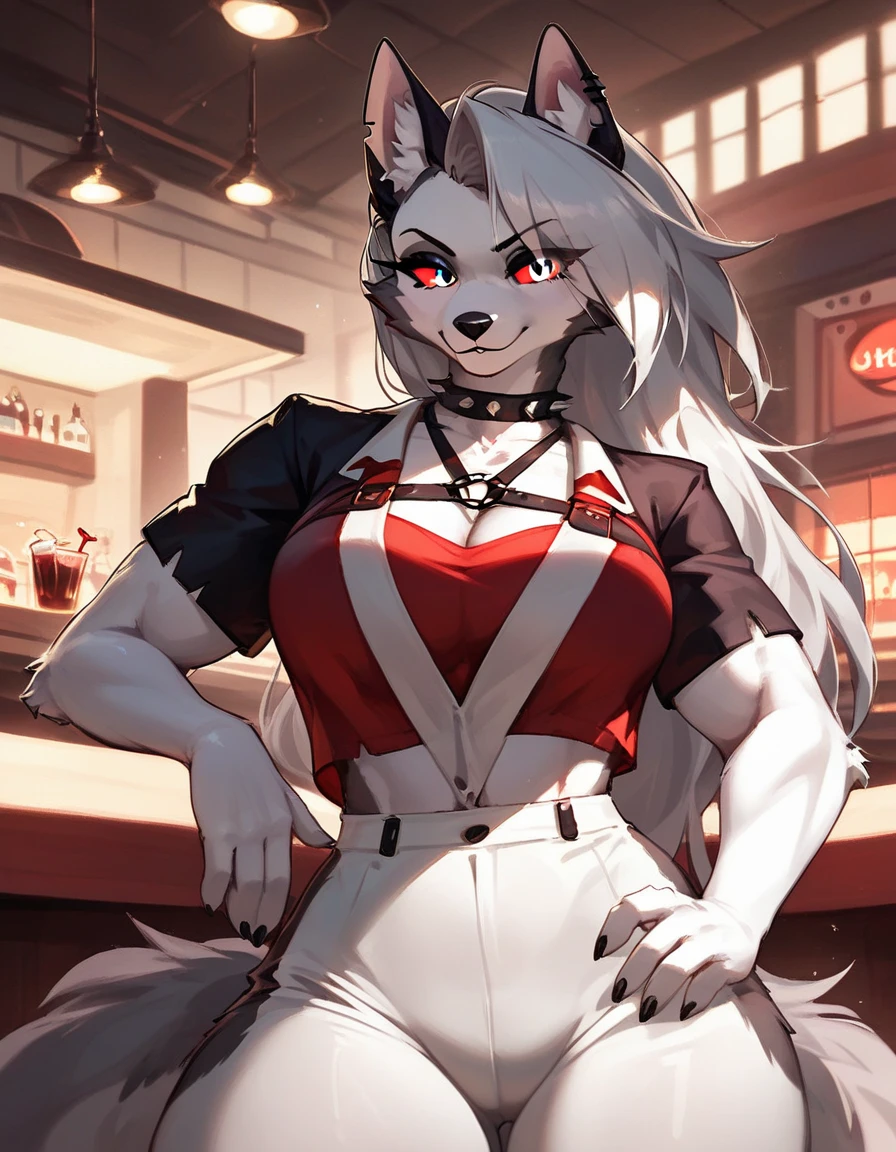 uploaded on e621, nsfw, raw photo, realistic, anthro, detailed face, detailed fur, snout, helluva boss, loona hellhound, loona, big breasts, clothed, Grey Crop Top, Black sport Shorts, Spiked Collar Choker, Grey Leg Warmers, high res, high resolution, bar background, sfw, ((leaning over table)), over table, looking at viewer, cleavage, (cleavage overflow), about to bust, smiling, big nipple