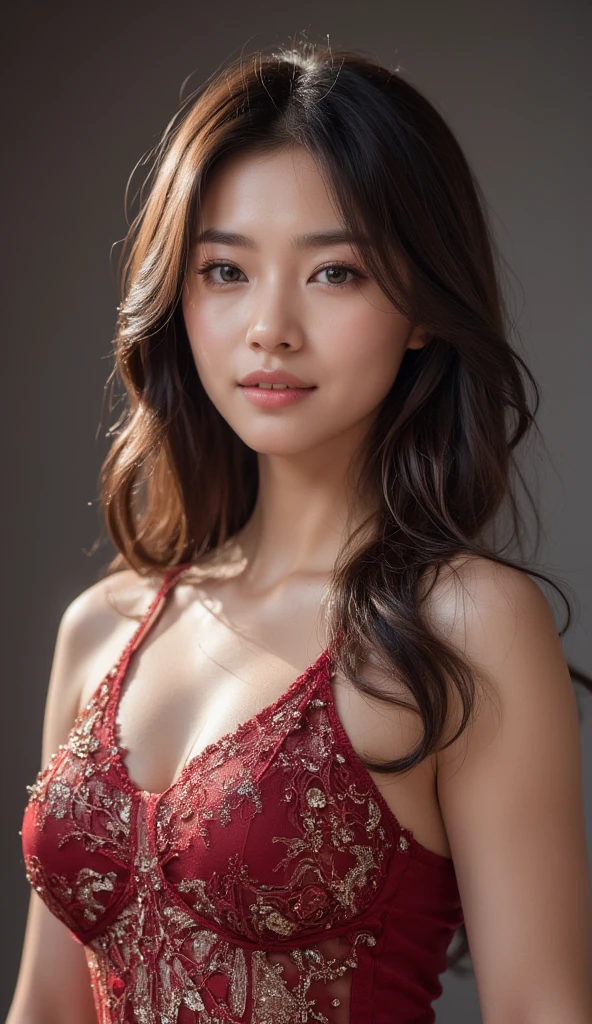 Completely naked,(( realistic light, highest quality, 8k, masterpiece :1.3)), 1 girl, Beautiful woman with slender figure :1.4, abs :1.1, (Floating wavy silk brown hair, hair blowing in the wind, big_chest :1.2), (deep_cleavage), (Sweaty skin on chest:1.3), Are standing, Sunset in the mountains, Dynamic natural light, super detailed face, fine eyes, double eyelid, shiny skin, full_body shot、smile、short hair style、Ivory costume、see-through costume、silk blouse