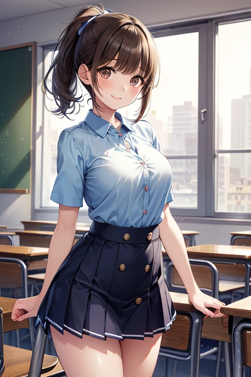 masterpiece、highest quality、Beautiful illustrations、1 girl、high school girl、18-year-old、Perfect Face、Shiny skin、Random Uniform、(Random Hairstyles)、Big eyes、tall)、Beautiful Hair、Beautiful Face、Beautiful Eyes、Perfect proportions、Beautiful thighs、Beautiful legs、Beautiful fingers、((High-quality fabric、brown knit vest、Short sleeve white collar shirt、Navy Pleated Skirt、A bow tie))、After school in the classroom、(smile)、(((((Skirt lift with both hands、Panties and pantyhose are visible)))))